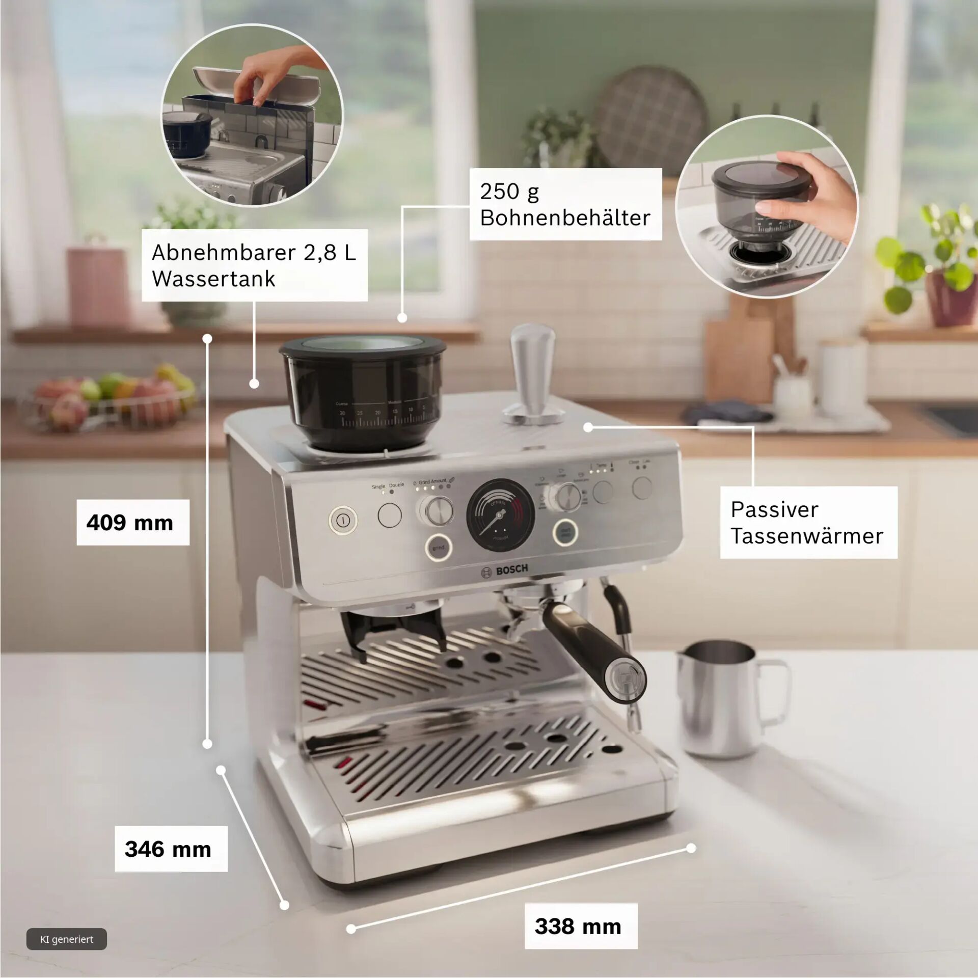 Espressomaschine, Kaffeemaschine, Wassertank, Tassenwärmer, Druckknopf-Regler