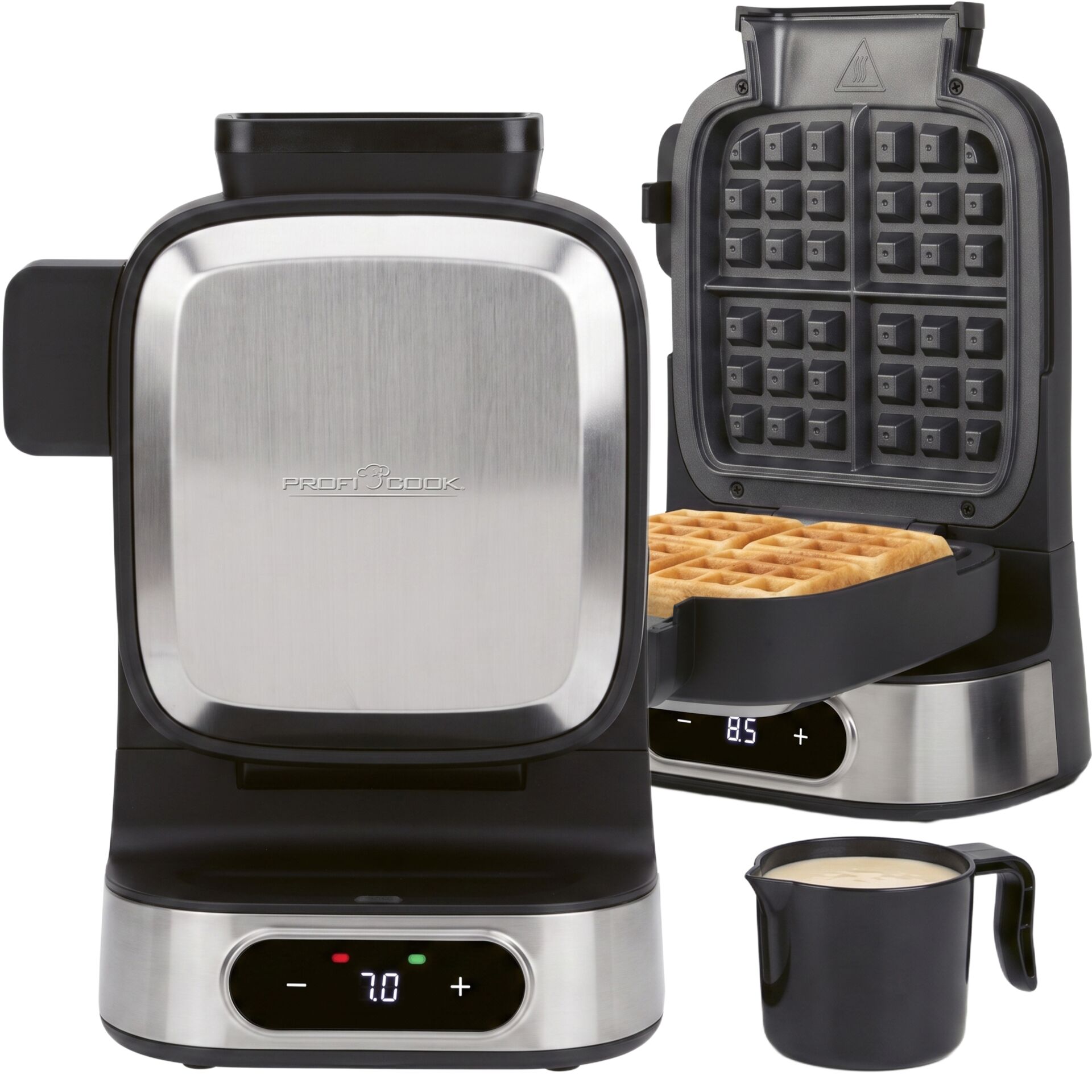 Waffeleisen, Edelstahl, Schwarz-Silber, Digitale Anzeige, Waffelplatten