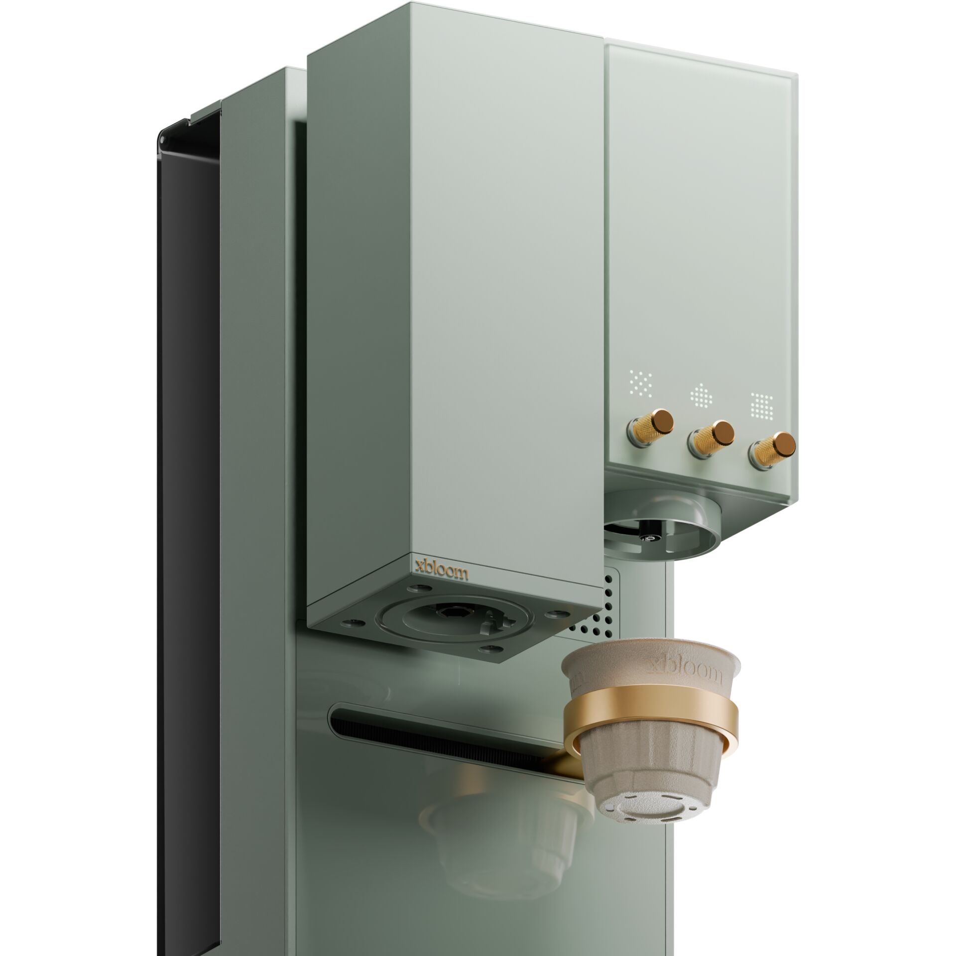 Kaffeemaschine, Kaffeezubereitung, Moderne Maschine, Kapselhalter, Metallisch grün