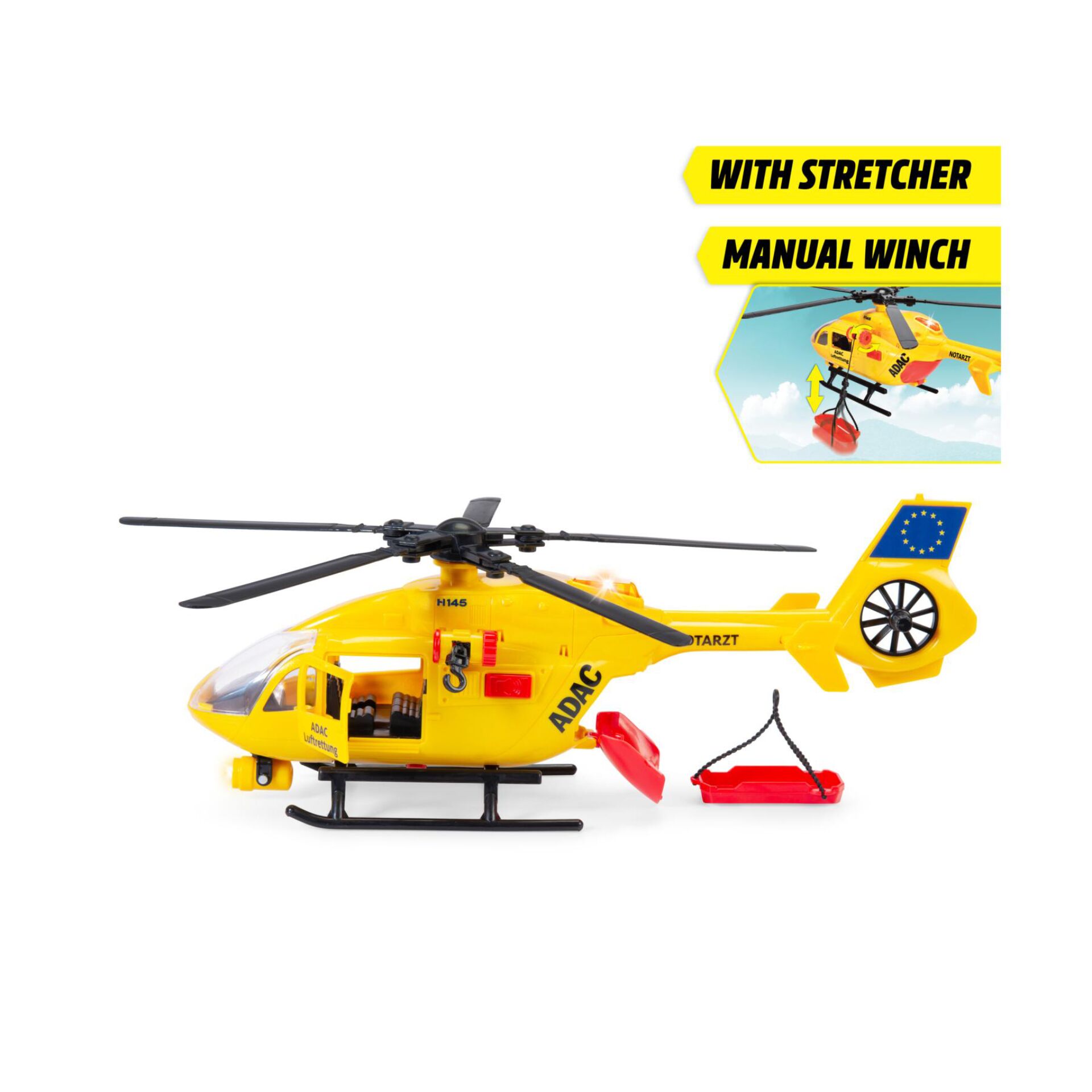 Helicopter, Toy, Yellow, Rescue helicopter, With stretcher and manual winch