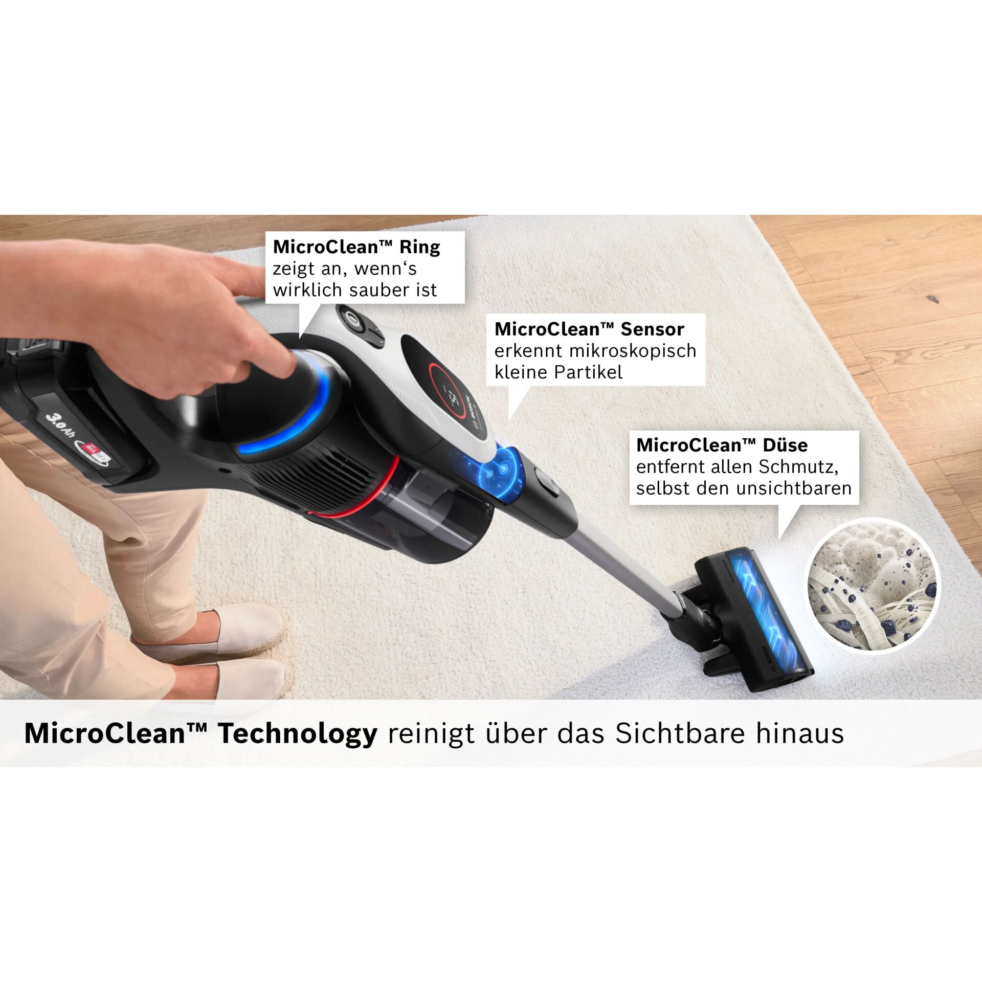 akku staubsauger, handstaubsauger, mikroclean technologie, düse, sensor, radial blauer ring