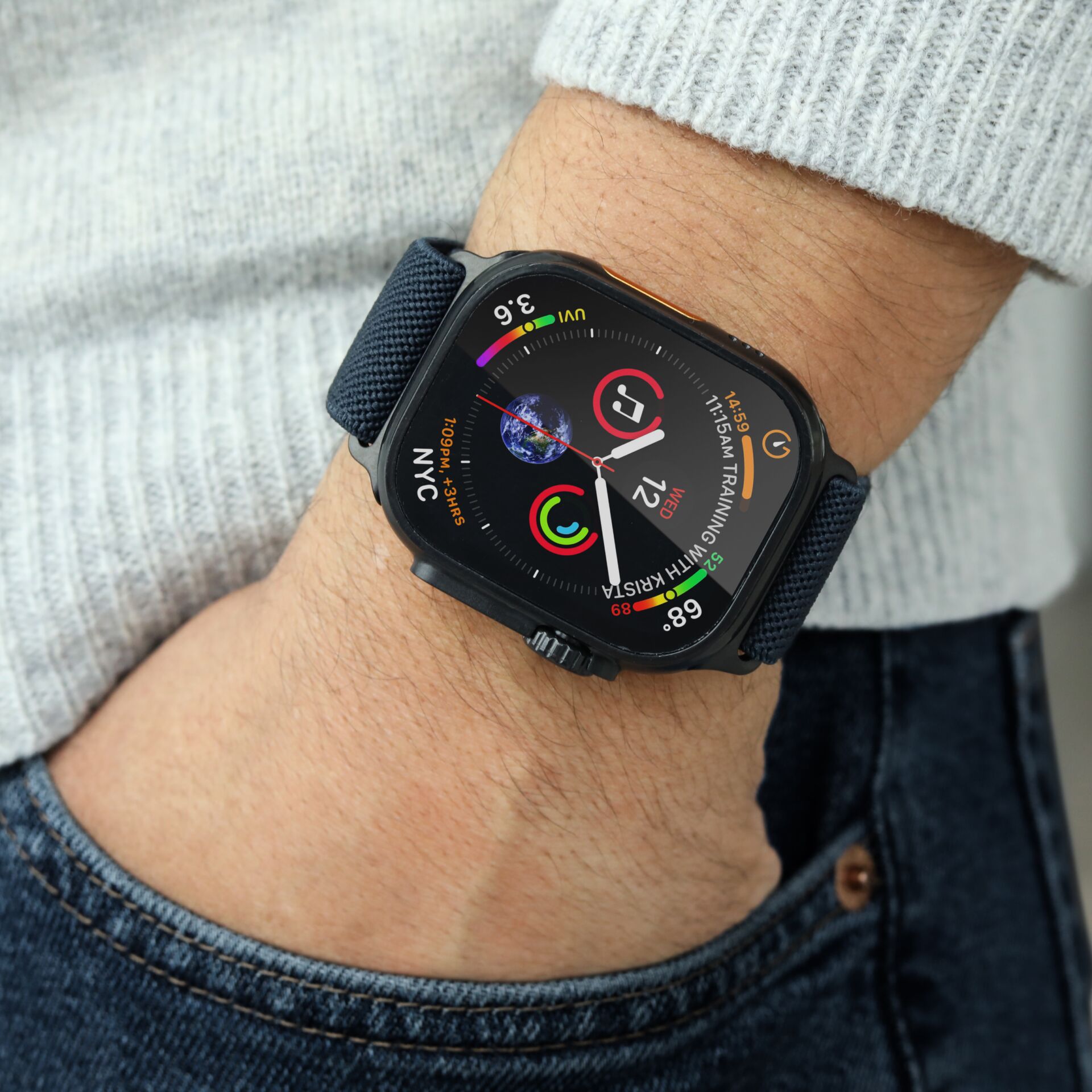 smartwatch, digitale uhr, armbanduhr, schwarzer rahmen, blaues armband
