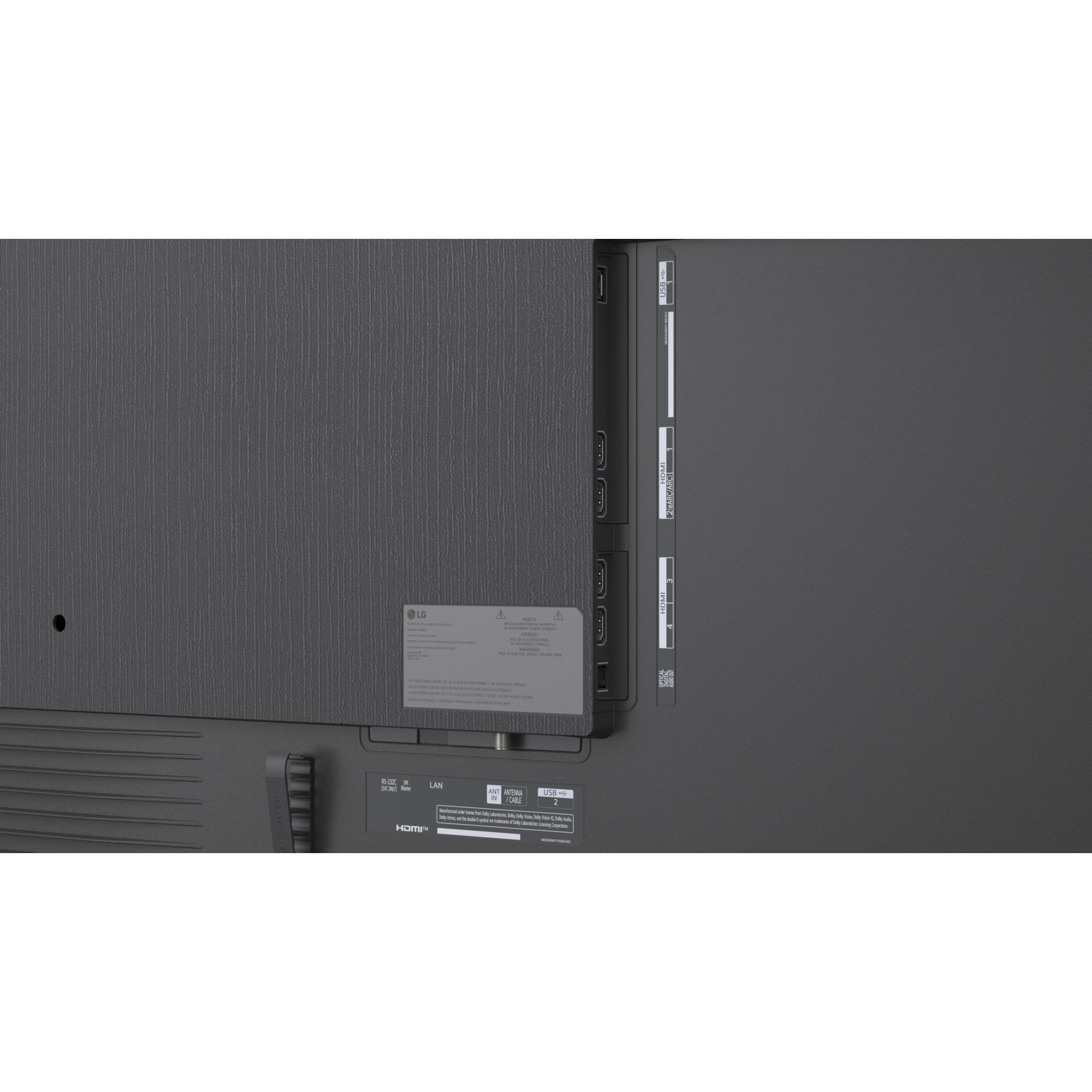 TV Rückseite, HDMI-Anschlüsse, USB-Anschlüsse, Wandmontagebereich, Metallstruktur