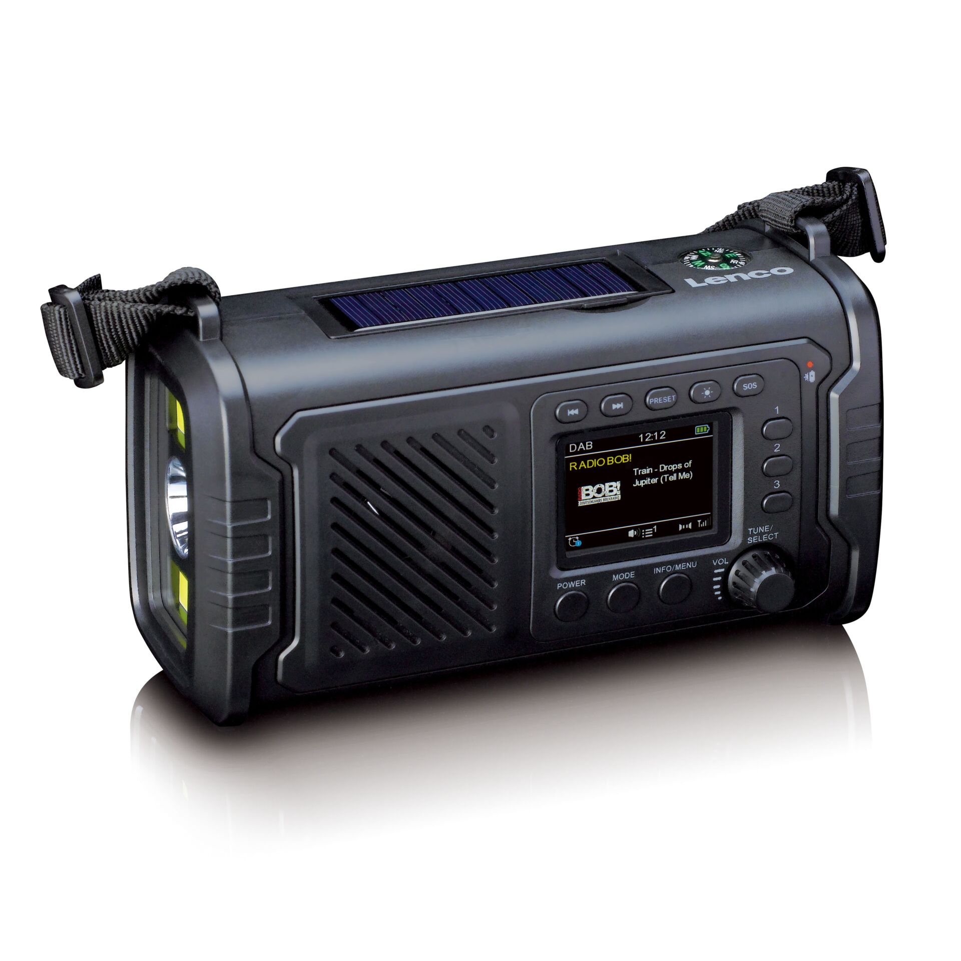 handheld radio, portable radio, DAB radio, solar panel, adjustable strap