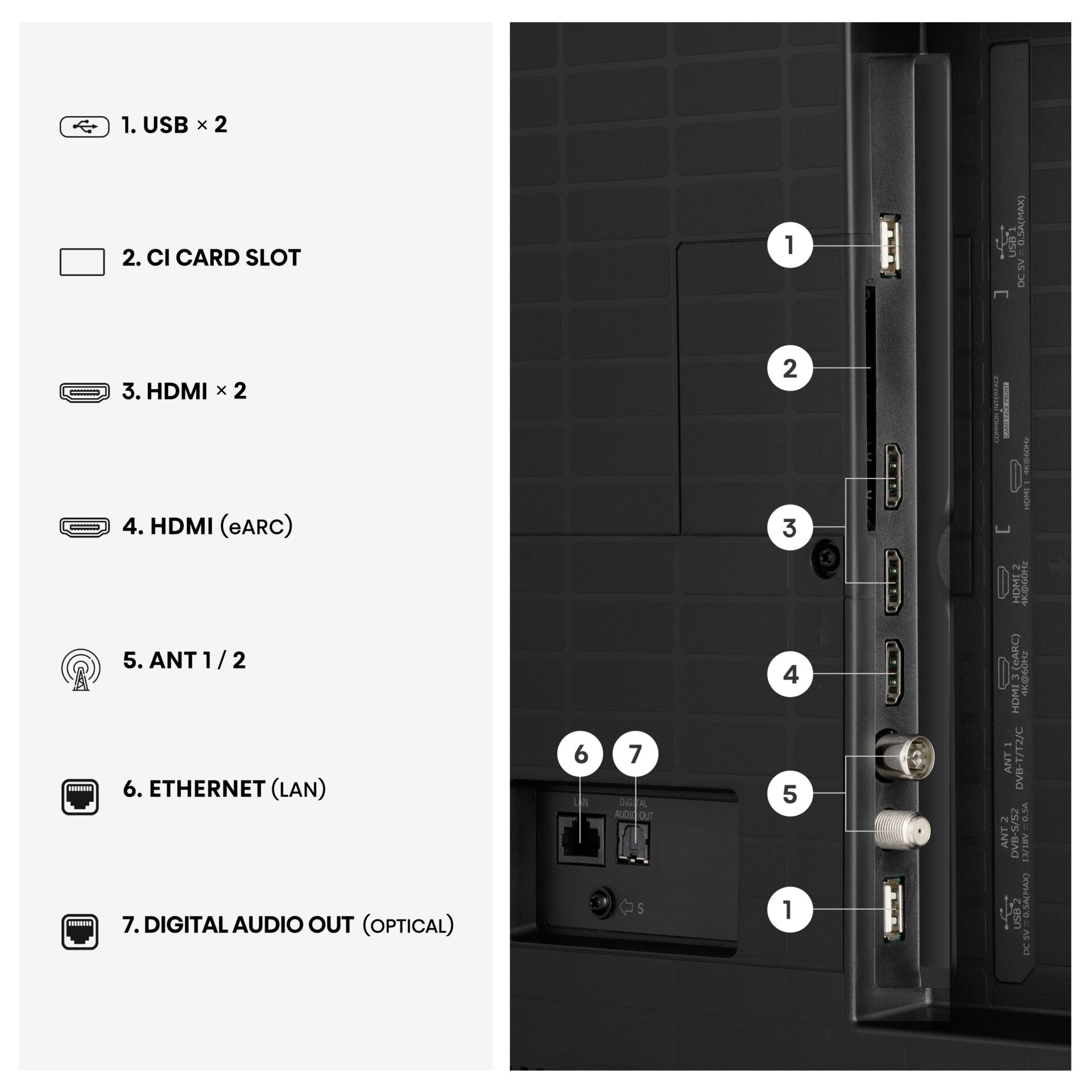 USB-Anschlüsse, HDMI, Antennenanschluss, Ethernet, Digital Audio Out