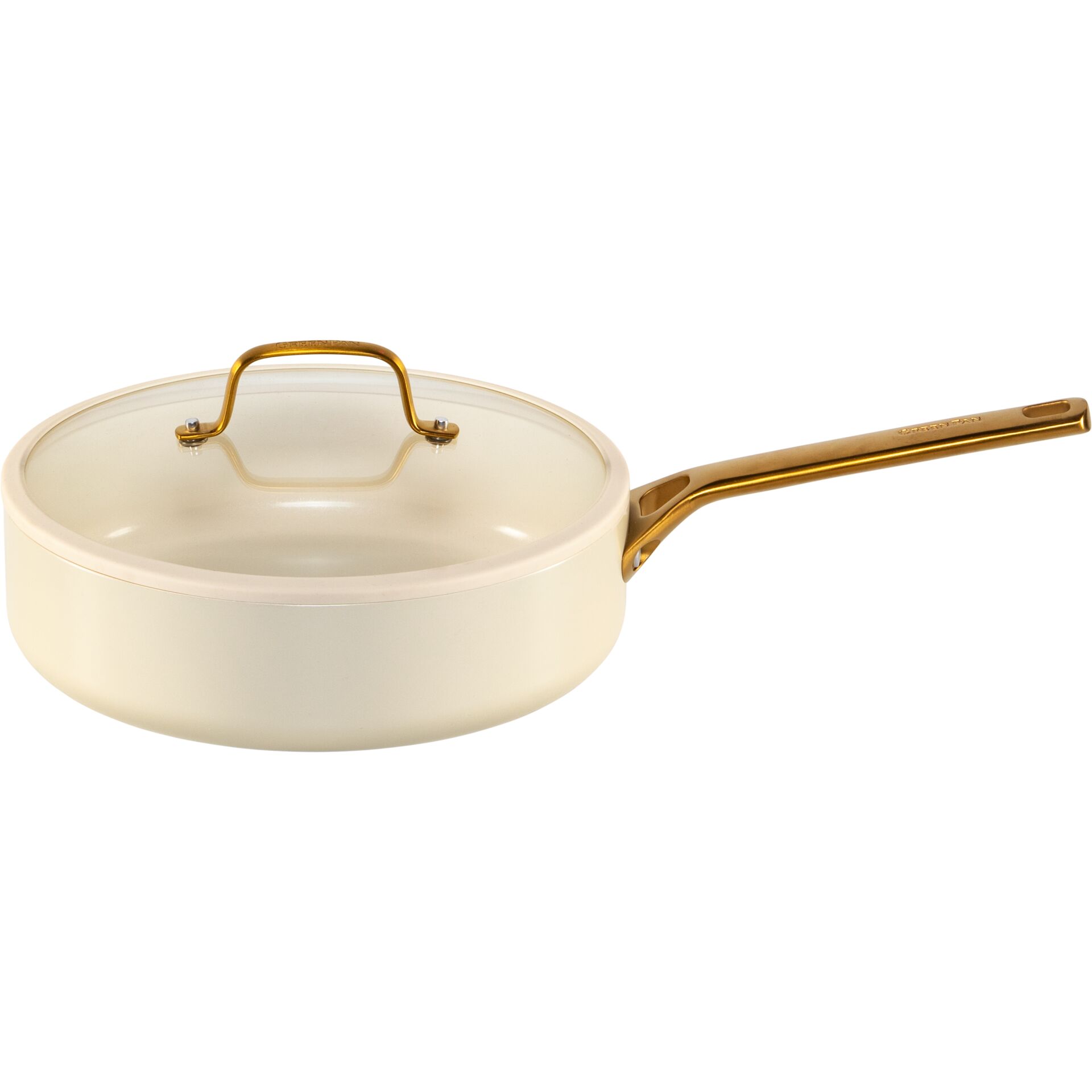 Bratpfanne, Weiß, Glasdeckel, Goldene Griffe, Antihaft