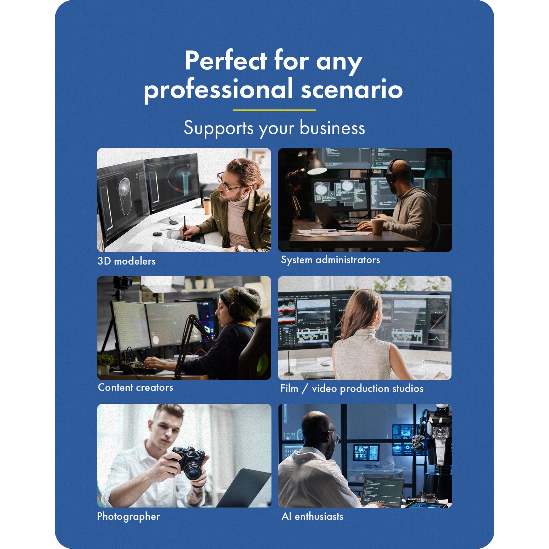 poster, blauer hintergrund, bildschirme, arbeitsstationen, büro einrichtung