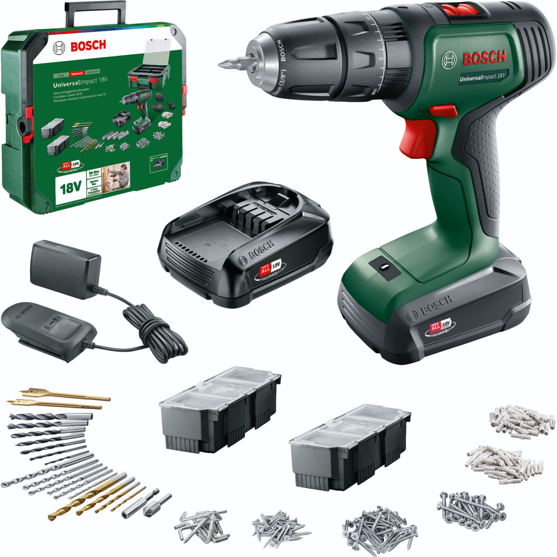 Akku-Bohrschrauber, 18V, Schraubenset, Ladegerät, Koffer/Box