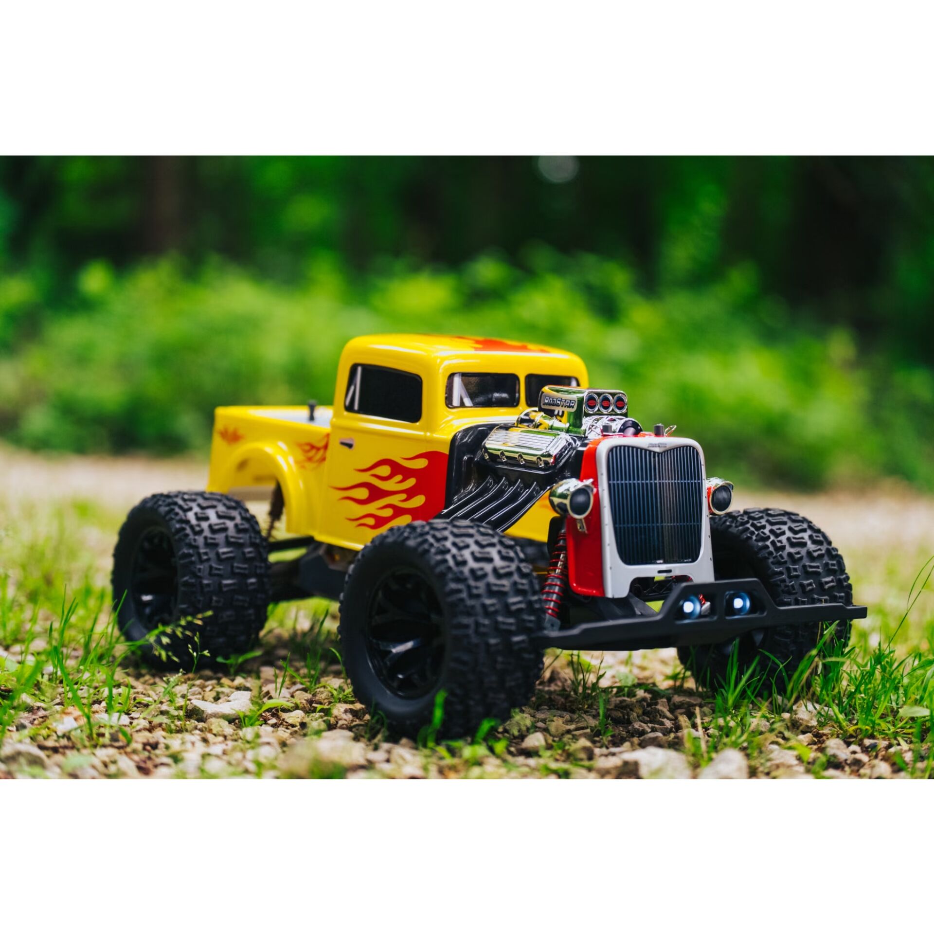  RC car, toy truck, yellow truck, flame decal, off-road tires