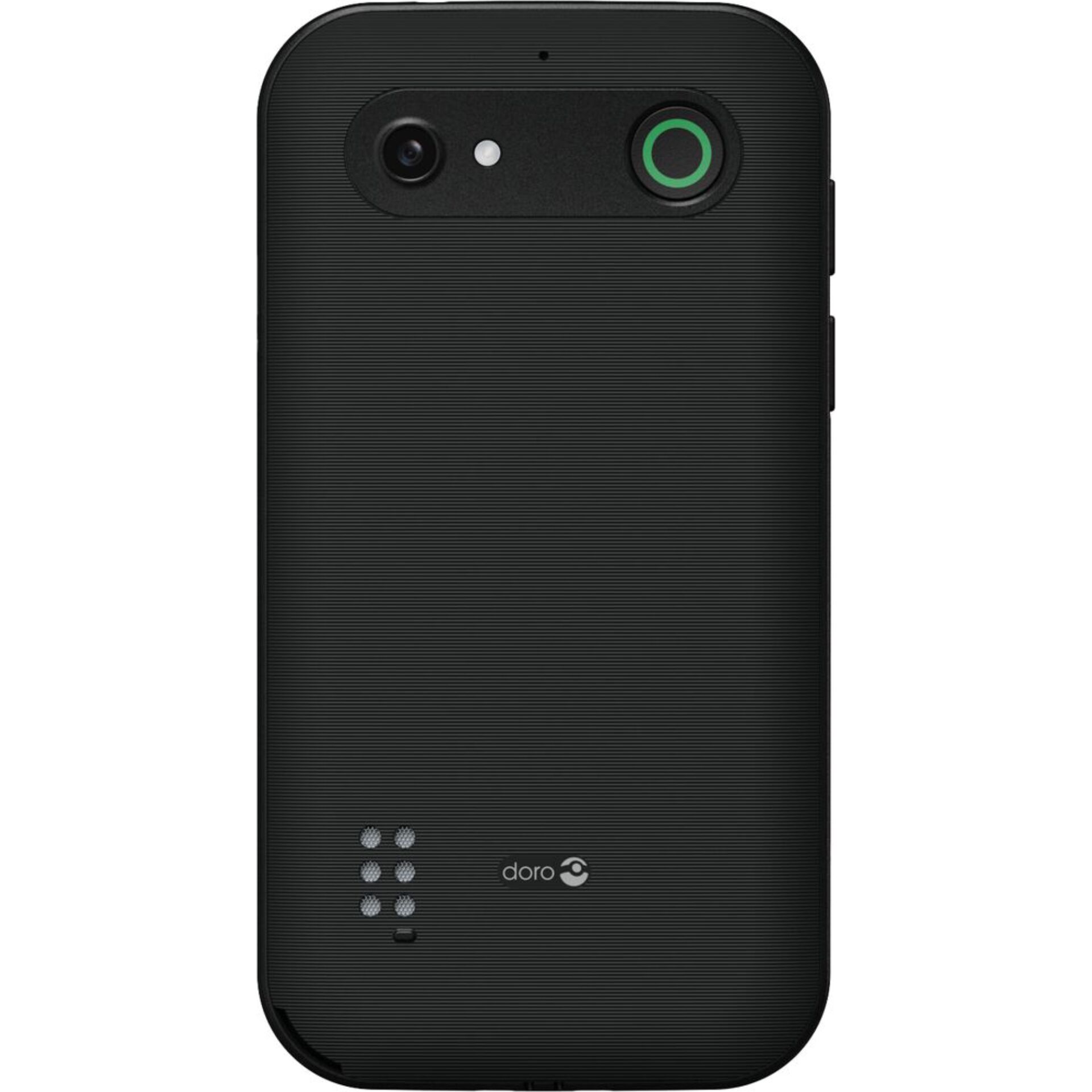 schwarzes telefon, rückkamera, strukturierte Rückseite, lauter/leiser Tasten, doro-Logo