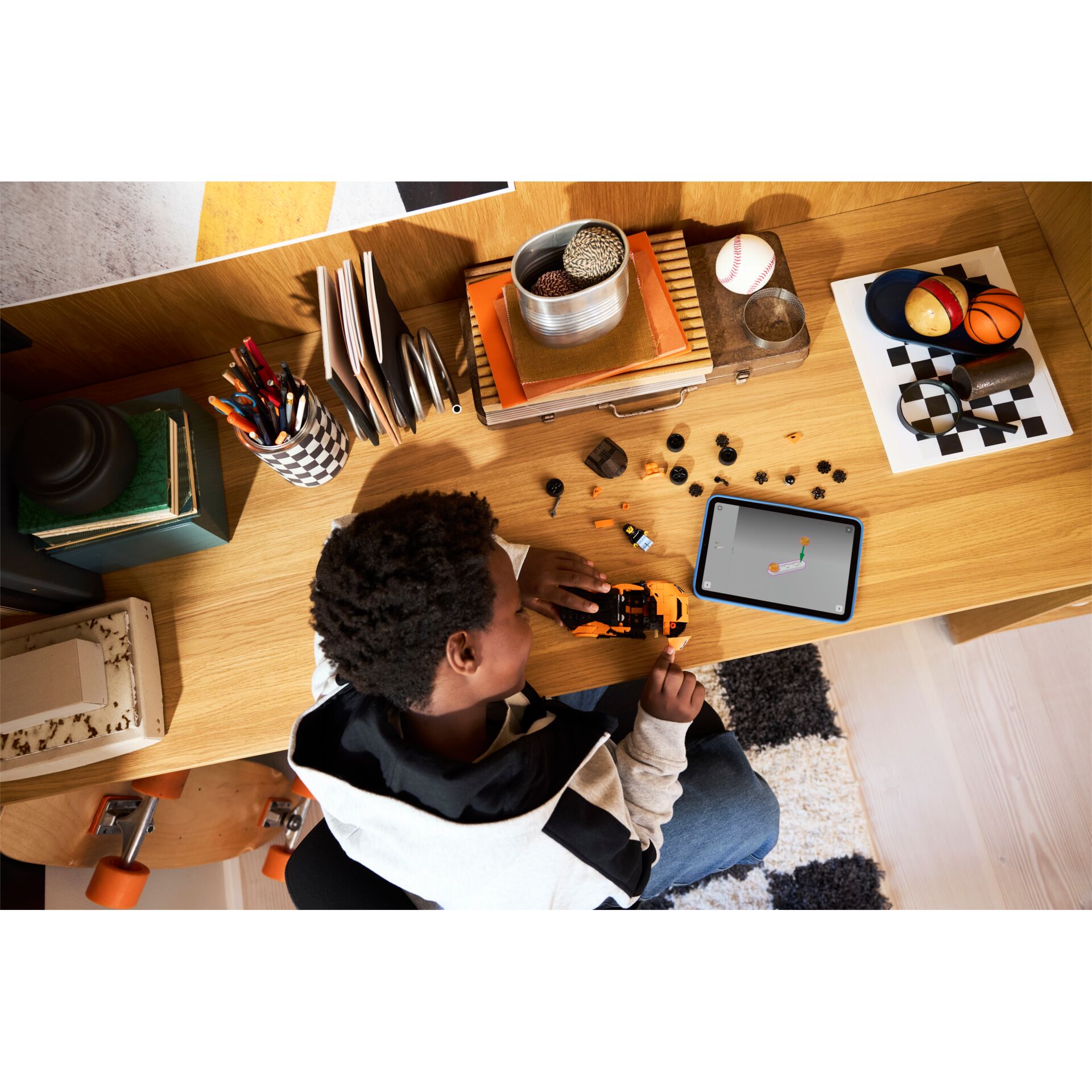 kind, Schreibtisch, Tablet, Konstruktionsspielzeug, Spiel