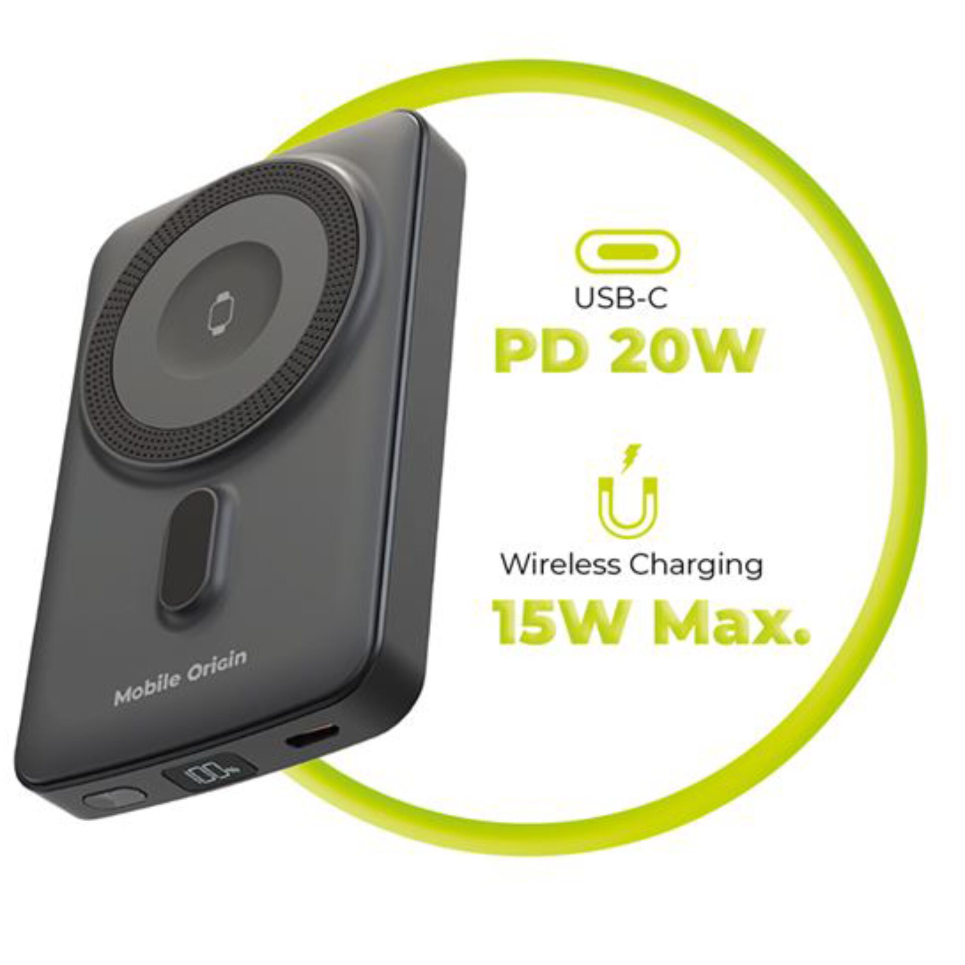 Powerbank, USB-C, PD 20W, kabelloses Laden, 15W Max
