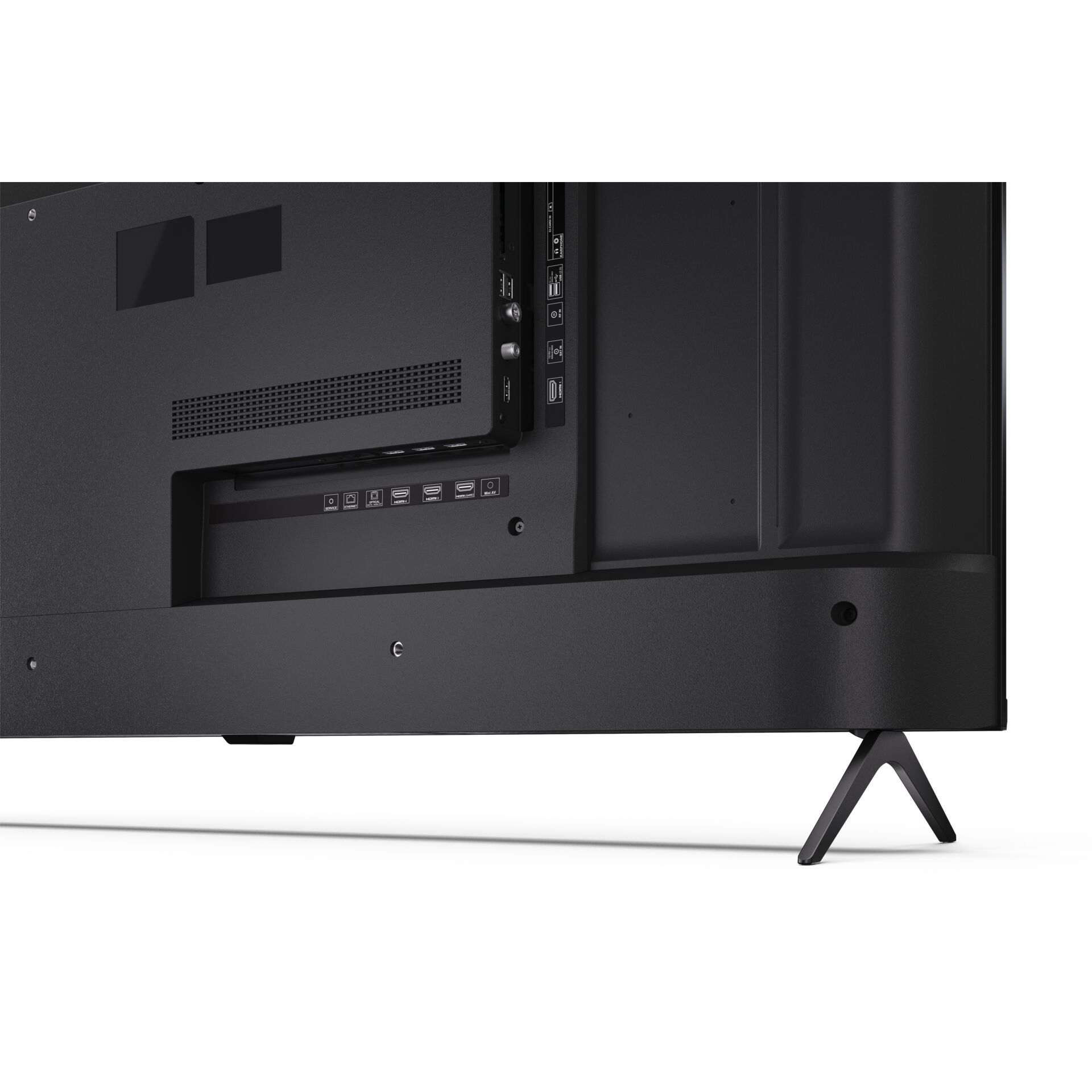 TV-Ständer, Rückseitige Anschlüsse, belüftete Abdeckung, HDMI-Anschlüsse, verstellbarer Stand