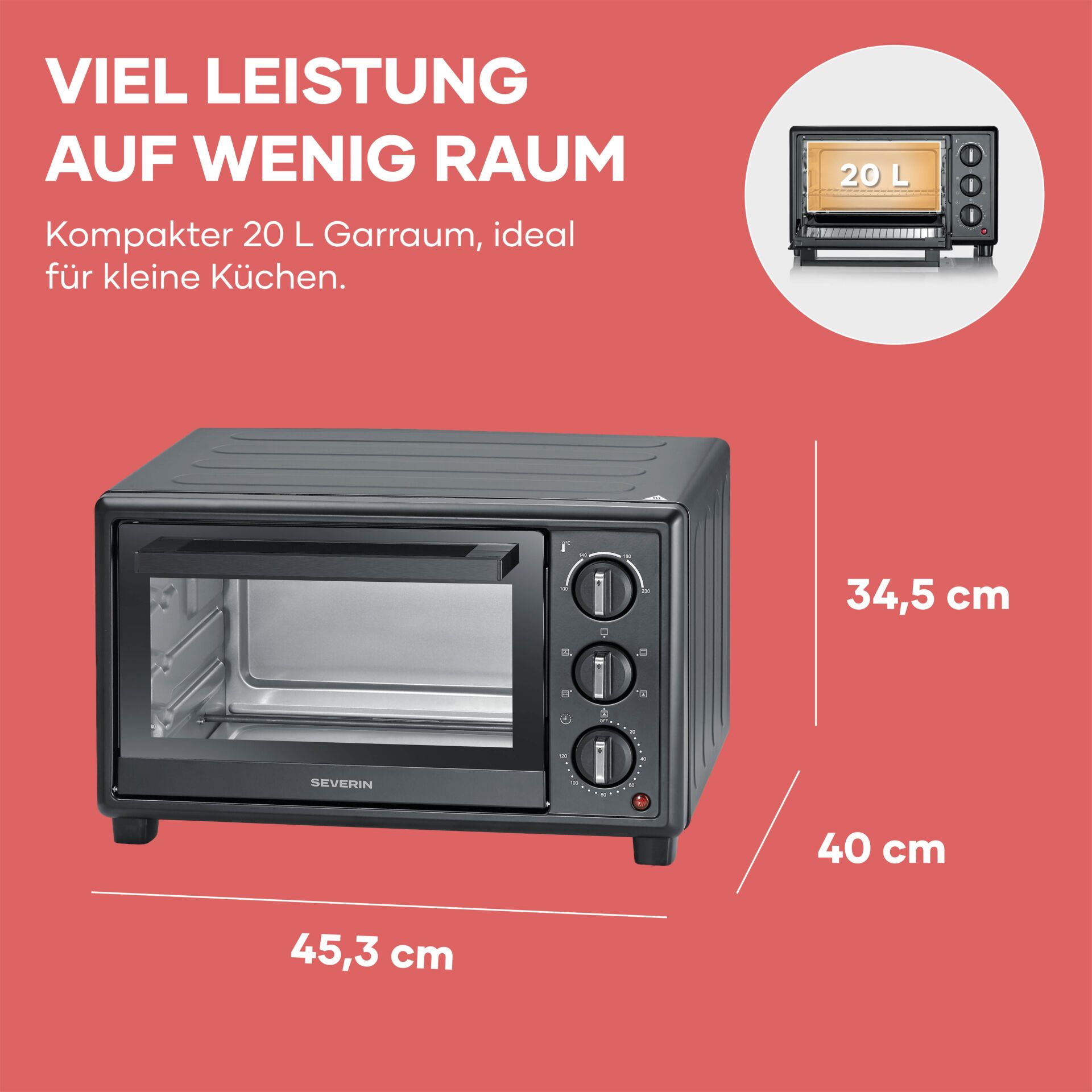 Schwarzer Backofen, Toaster-Ofen, Kompaktofen, Gehäuse Kunststoff/metall, Temperaturregler Drehknöpfe