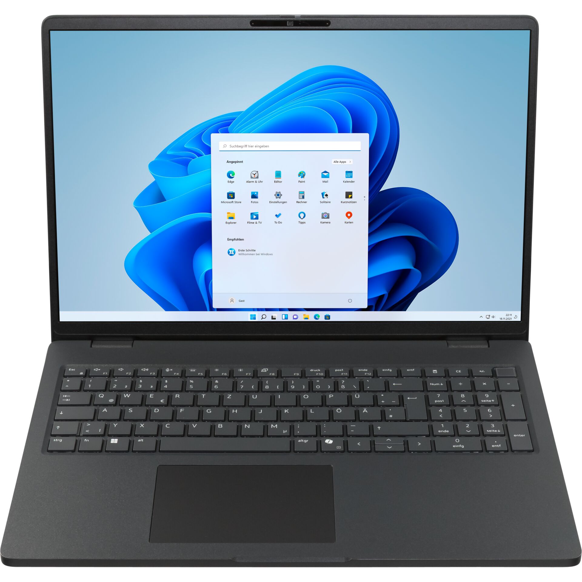 Laptop, Windows 11, schwarzes Gehäuse, integrierte Tastatur, Touchpad