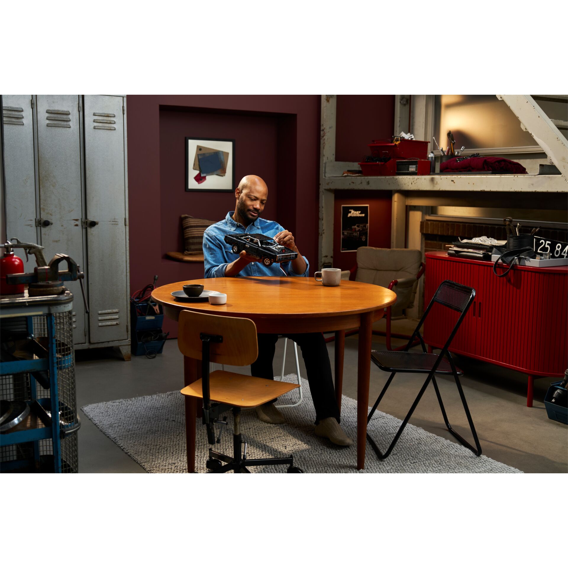 Tisch, Mann, Modellauto, Werkstatt, Garage