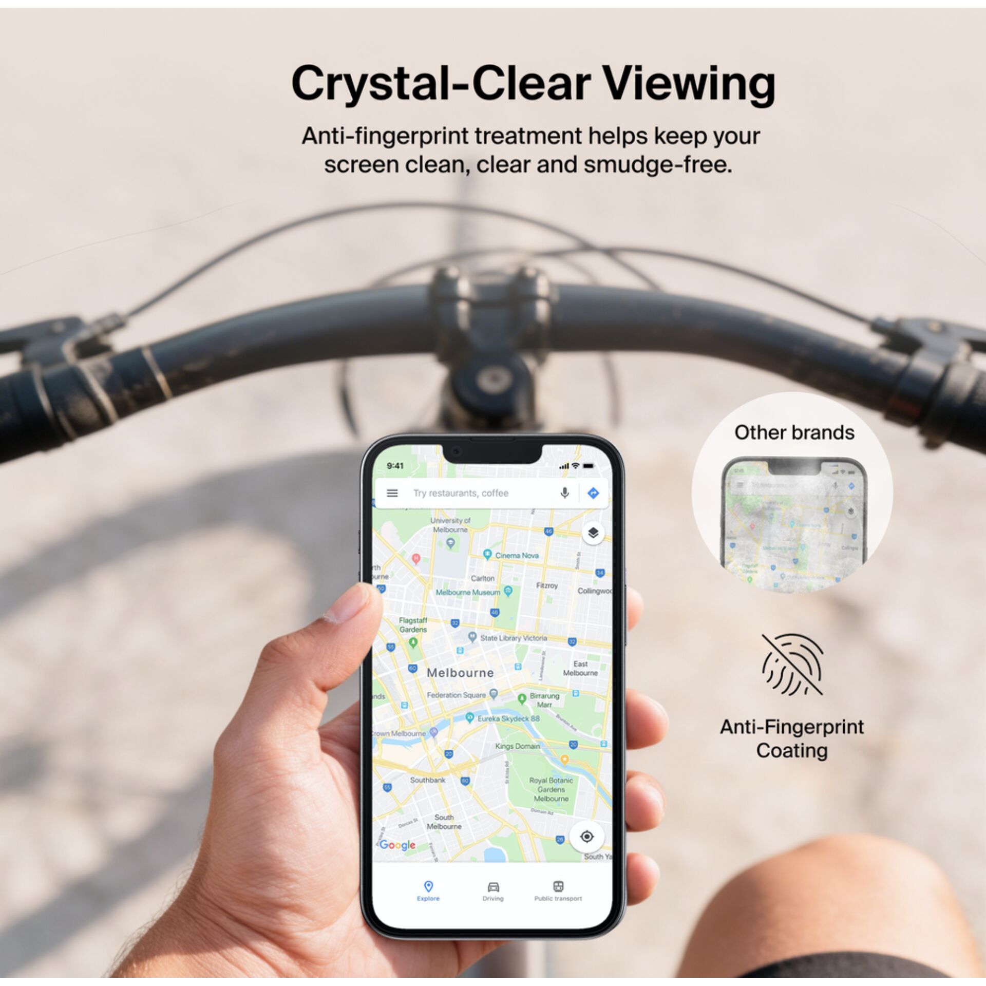smartphone, kartenapp, fahrrad, bildschirm, anti-fingerprint