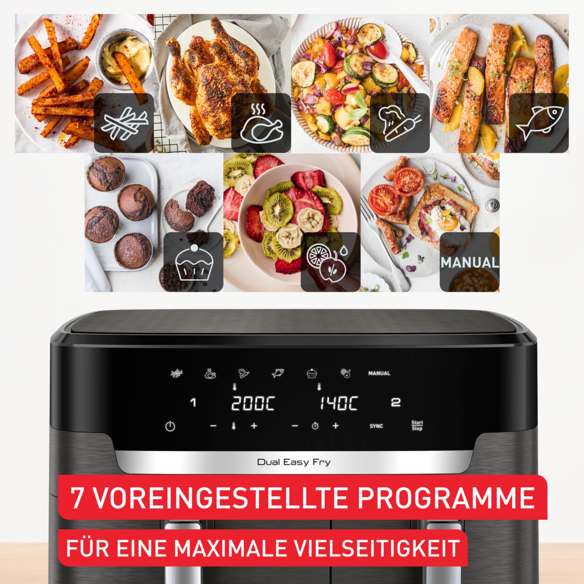 Luftfritteuse, digitale Steuerung, sieben Vorprogramme, Grillplatten, schwarzes Gerät