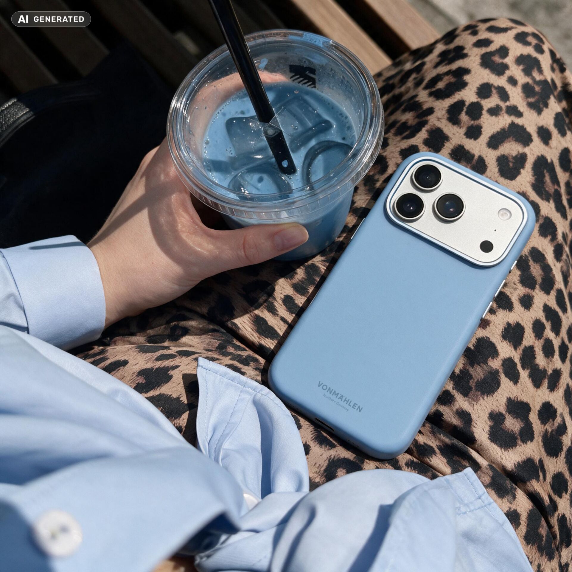 Smartphone, Blue case, Triple camera, iPhone style, Leopard print fabric