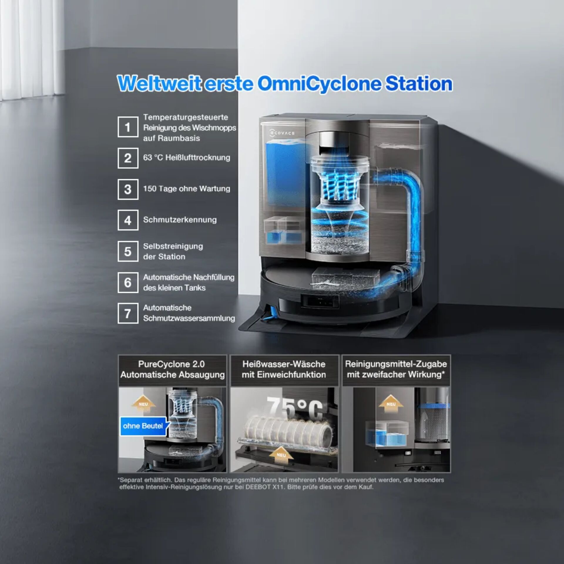 Waschmaschine, Reinigungsstation, OmniCyclone Station, Heißwasser-Wäsche, Reinigungsmittel-Zugabe