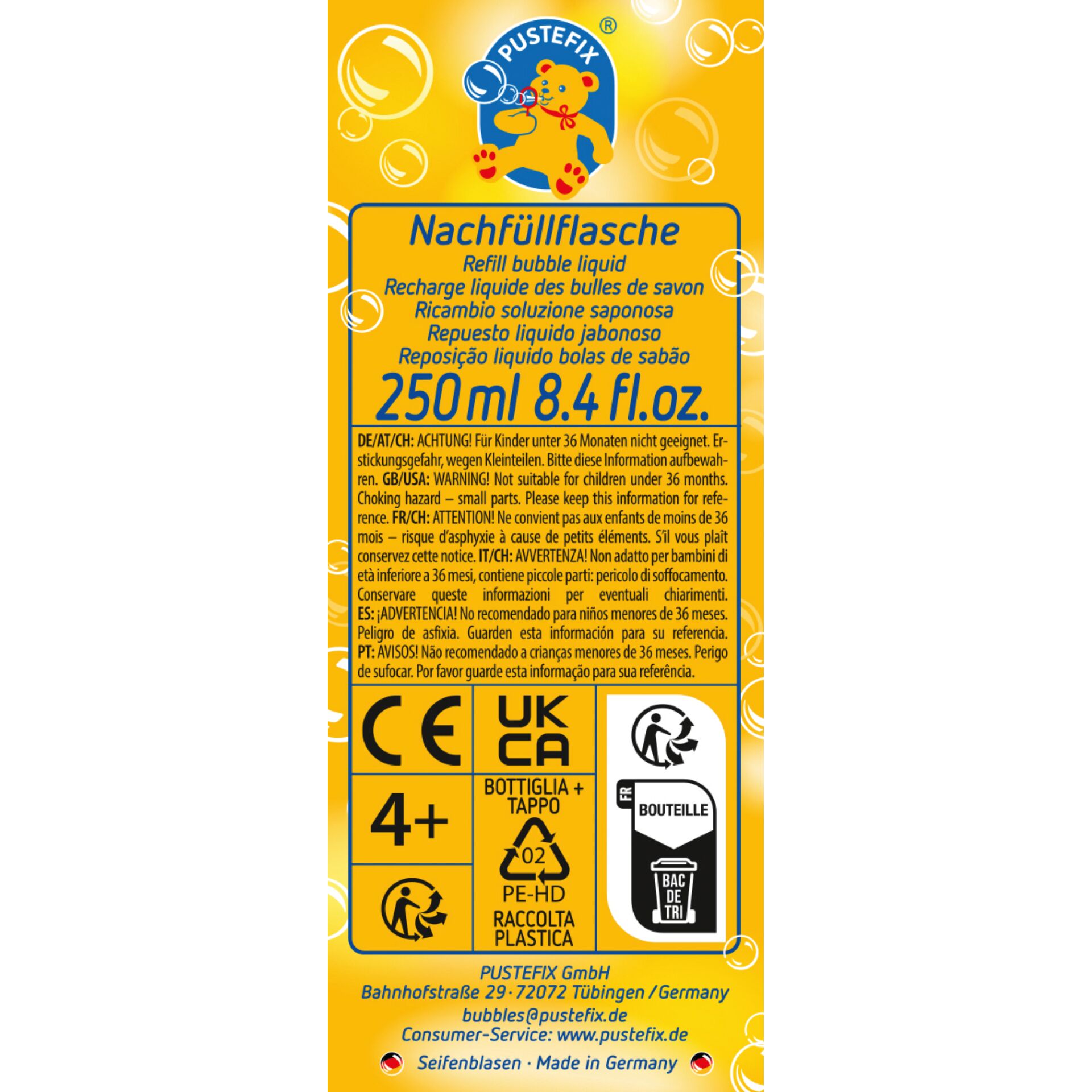 Nachfüllflasche, Blasenlösung, 250 ml, Sicherheitswarnung, Made in Germany