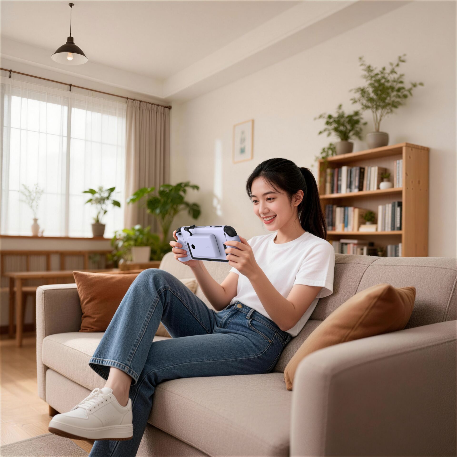 gaming, handheld console, frau, wohnzimmer, casual