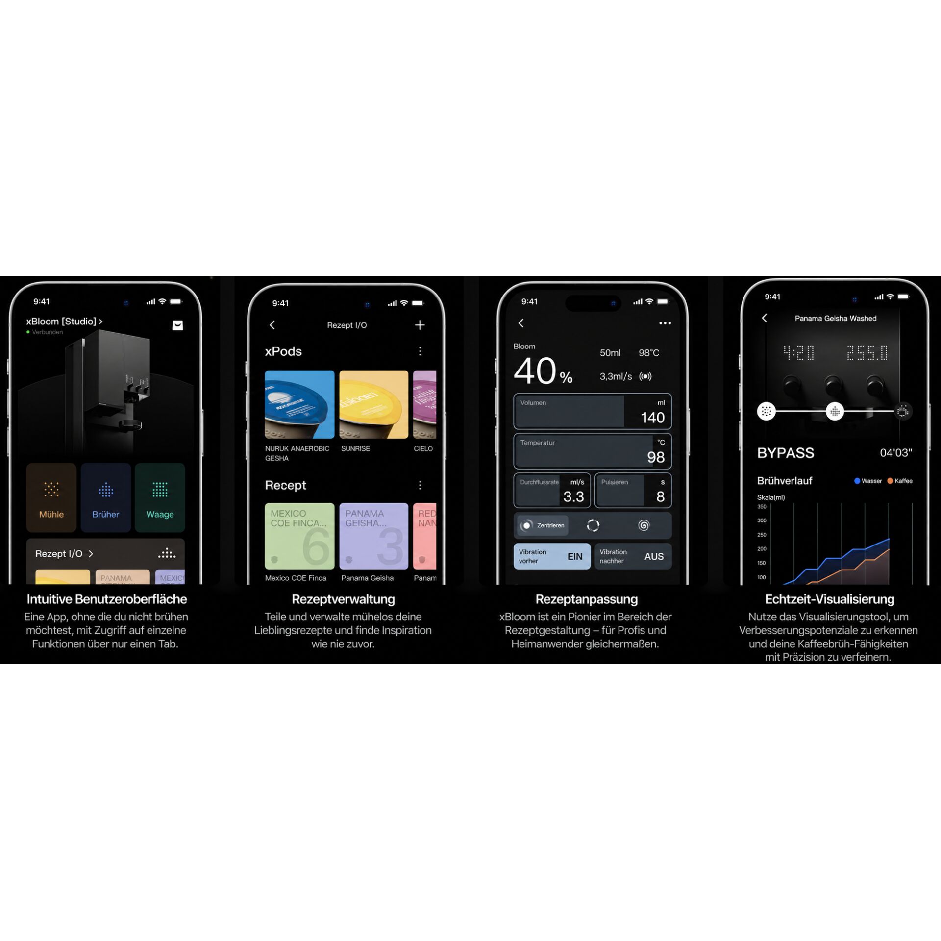 Rezept-App, Benutzeroberfläche, Smartphone-Design, Dark Theme, Tablet-ähnliche App