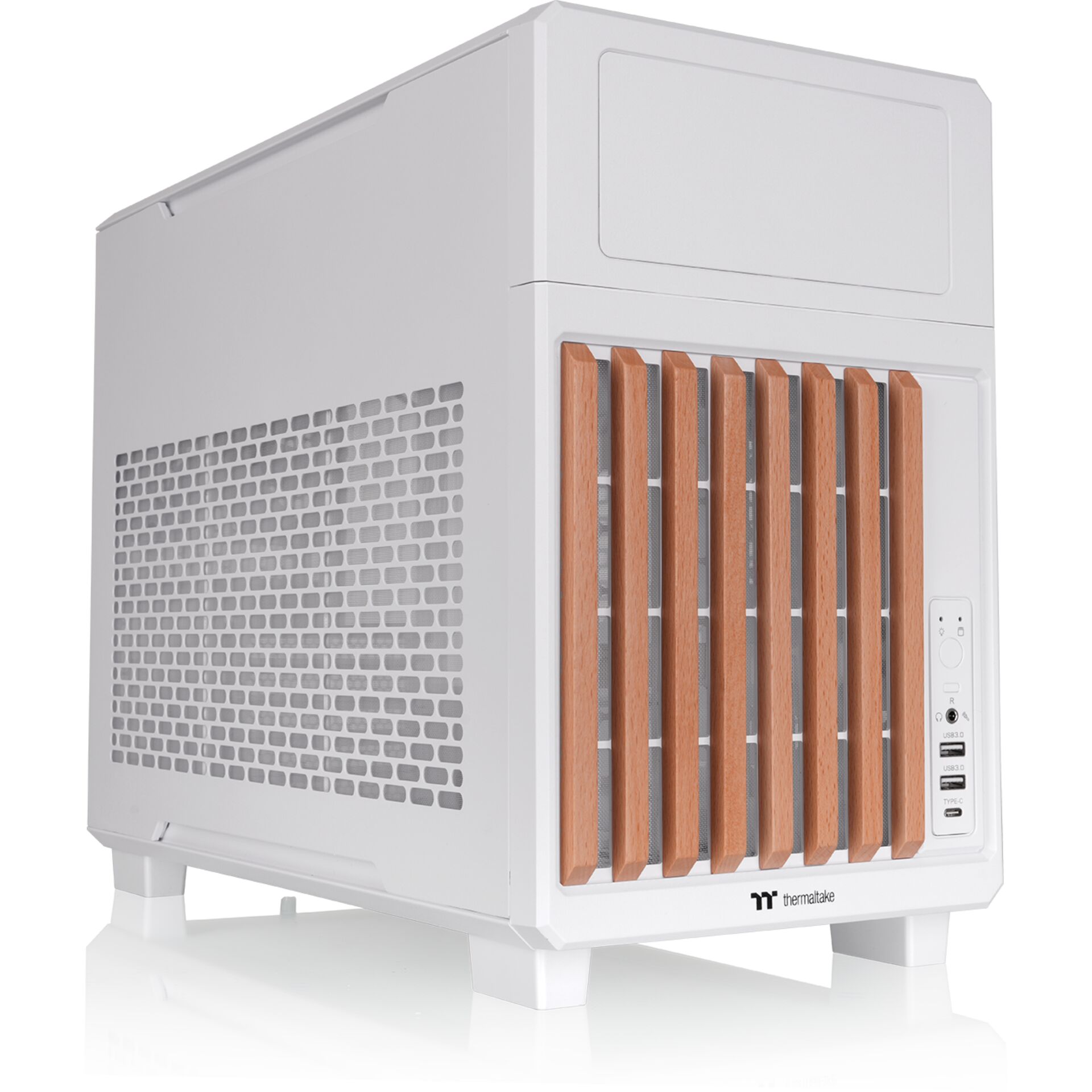 Kompakt-Desktop, Mini-ITX, Weiß, Holz-Lamellen, Gehäuse mit Lüftung