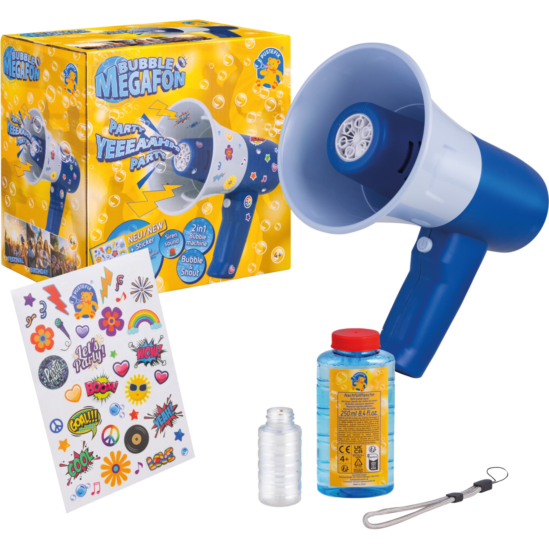 Megaphon, Bubblegewehr, Aufkleberbogen, Blasenlösung, Blaues Megaphon