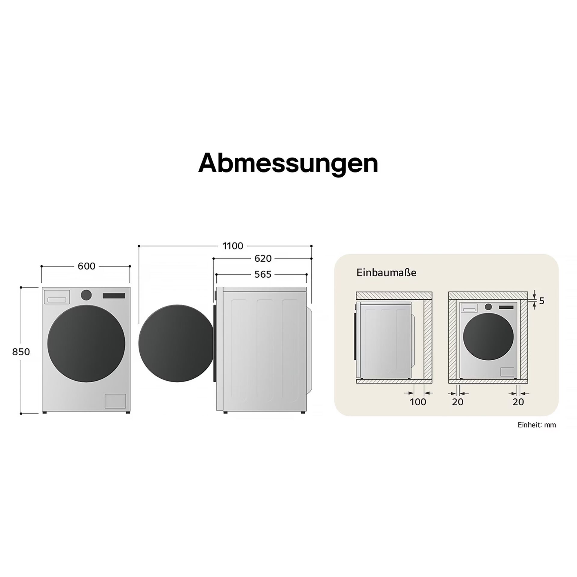 Waschmaschine, Trockner, Maße, Einbaumass, Seitliche Tür