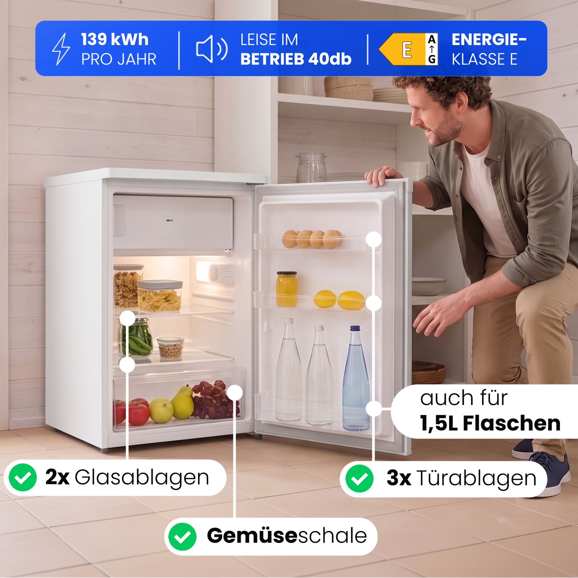 Kühlschrank, weiß, Energieklasse E, Gemüseschublade, Türablagen