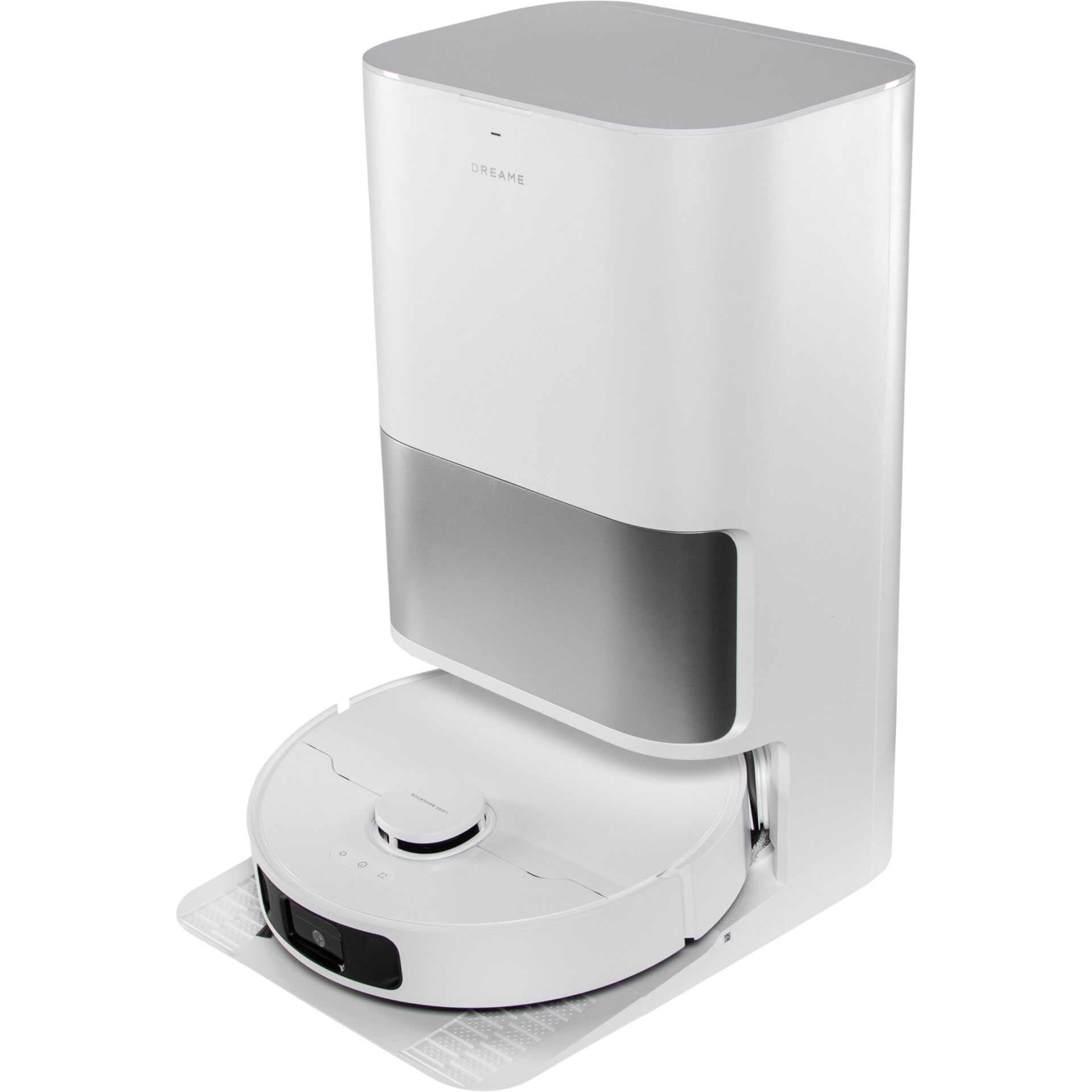 Robotic vacuum, Docking station, White appliance, Circular base, Slim design