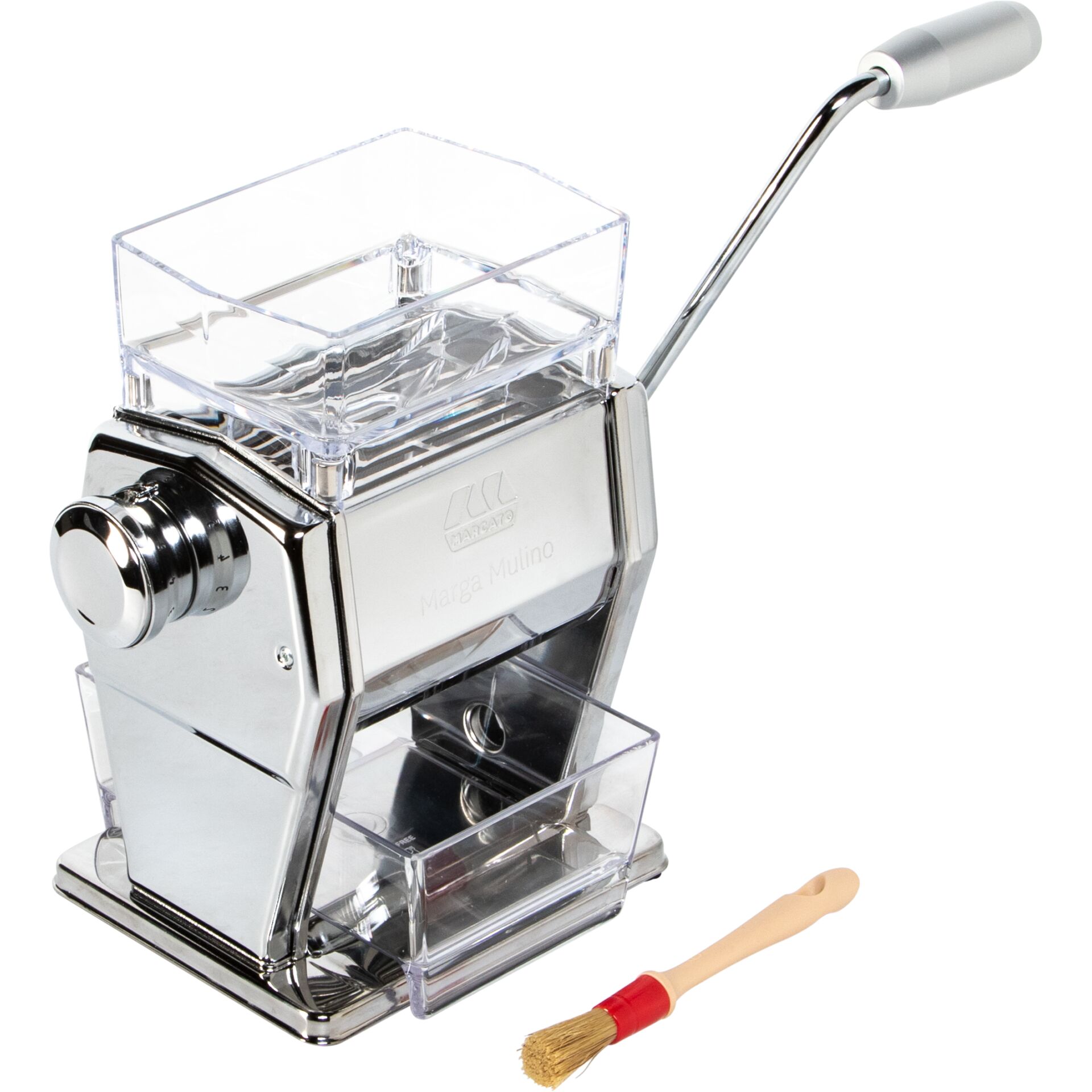 manueller kaffee grinder, handkurbel, Chrom, klarer trichter, holzpinsel