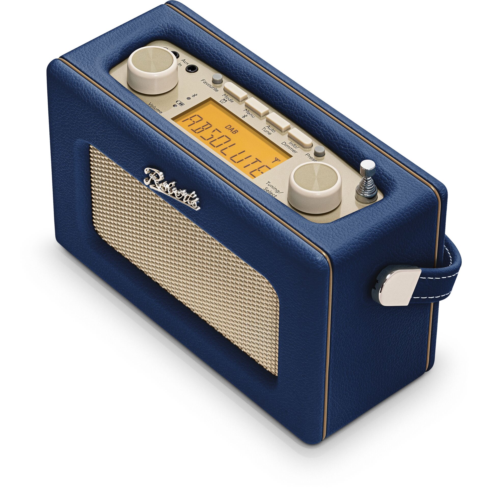 Portable Radio, Bluetooth Radio, Blue Leather Case, Gold Speaker Grille, Compact Speaker