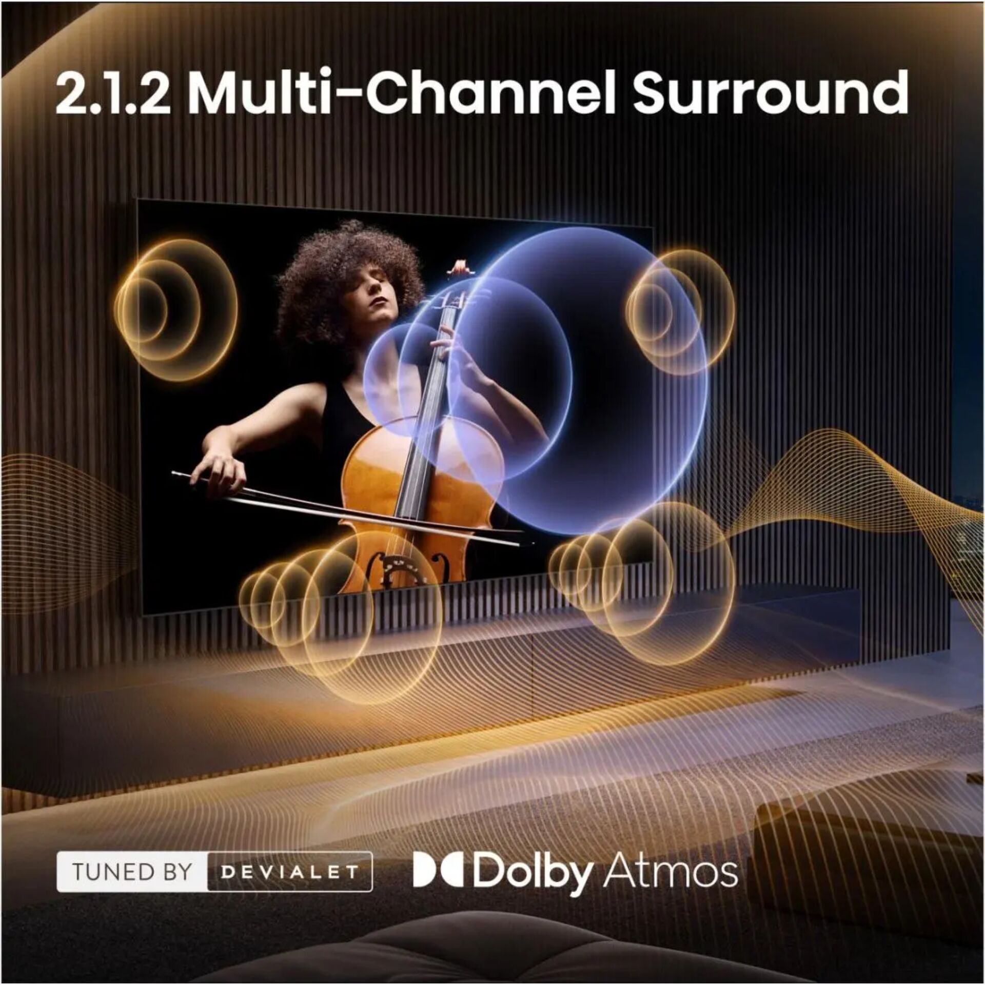 Fernseher, Musikraum, Cello, Klangwellen, Dolby Atmos