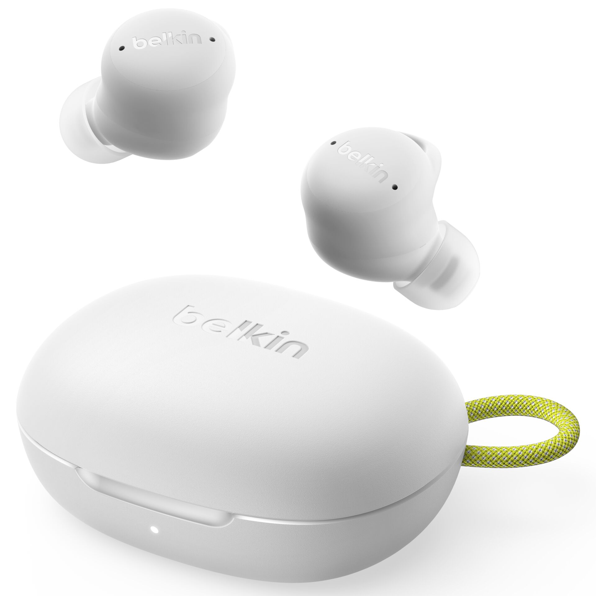 In-Ear Kopfhörer, Wireless Earbuds, White, Ladehülle, Neon-Gelb-Schlaufe