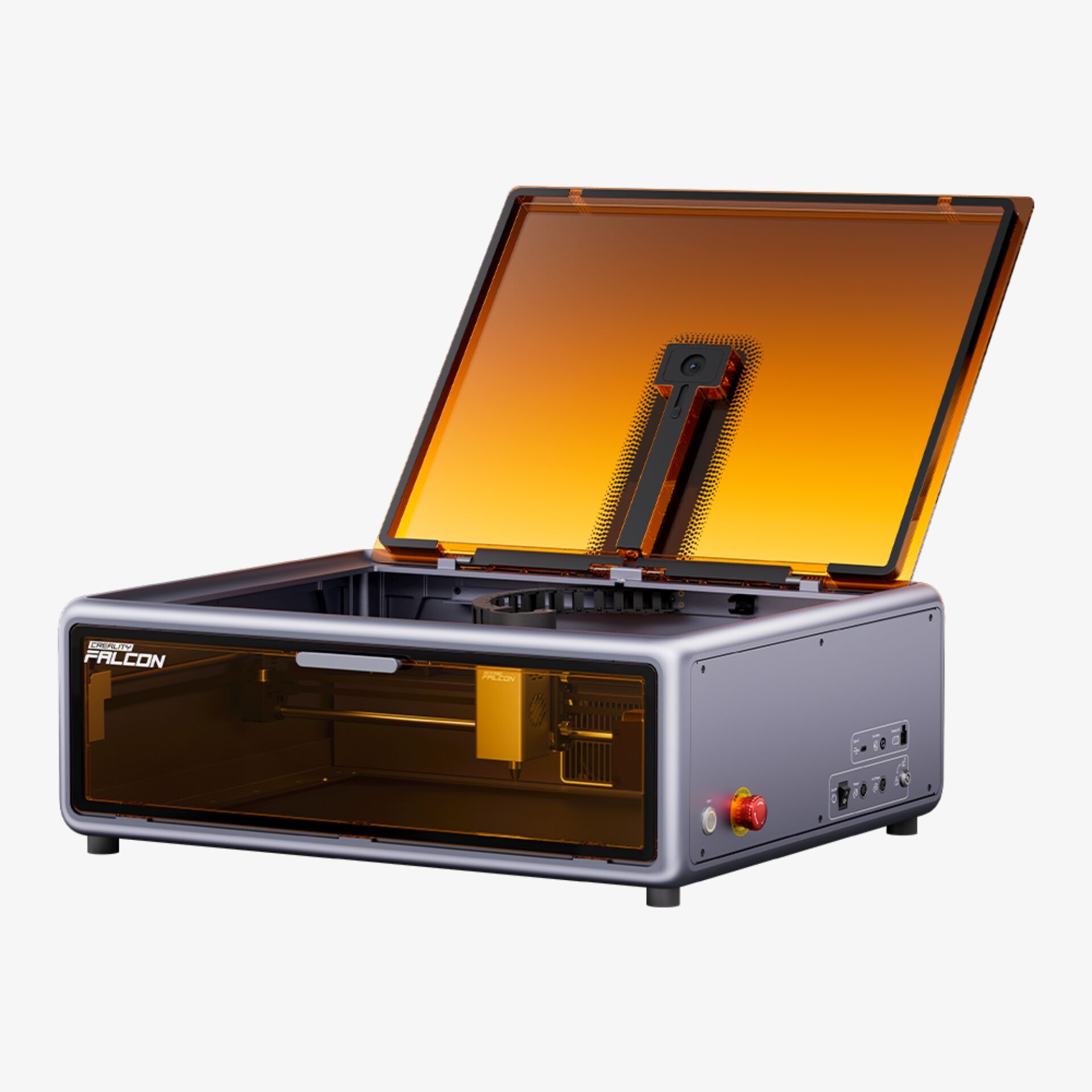 3D-Drucker, Lasergravierer, geschlossen, oranger Deckel, USB-Schnittstelle