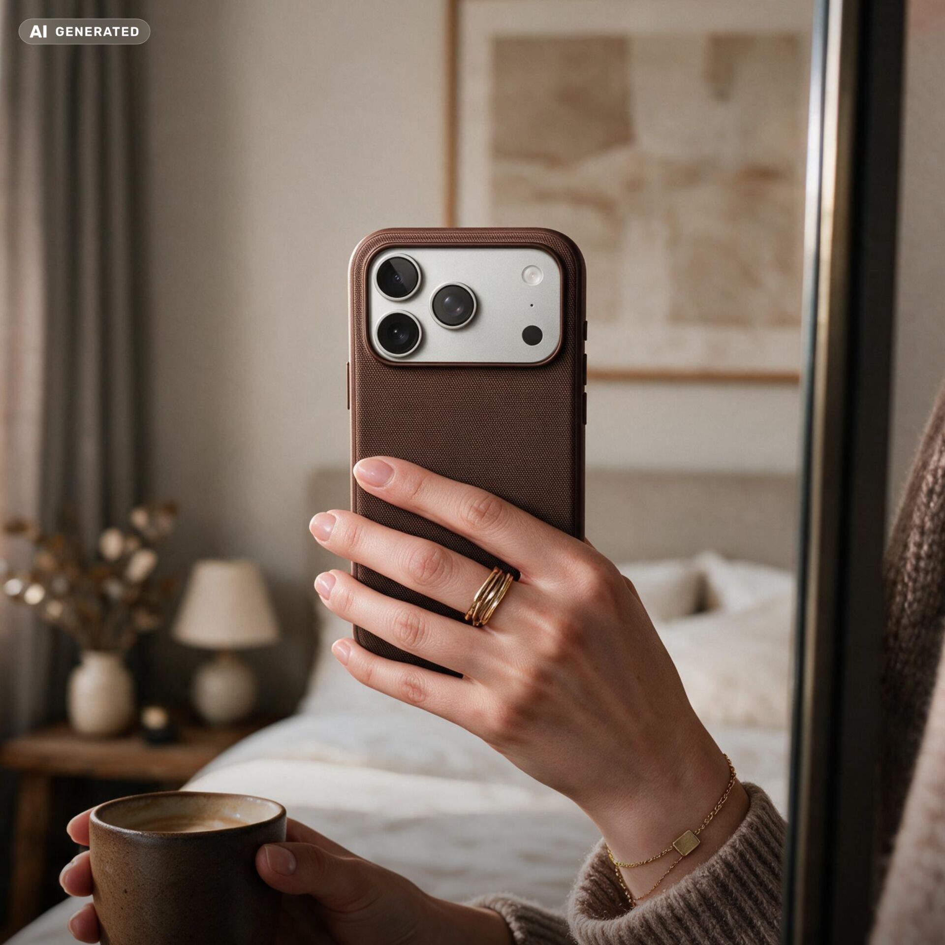 smartphone, iPhone camera, brown case, triple camera, ringed fingers