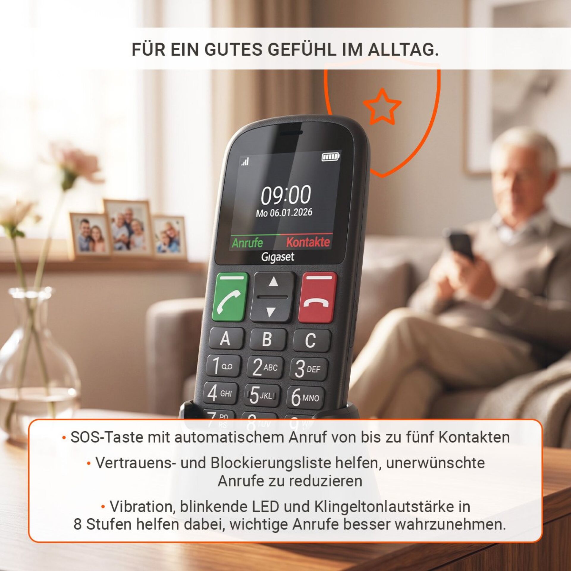 Seniorenhandy, Klapptelefon, Notruftaste, Vibration, LED-Blinklicht