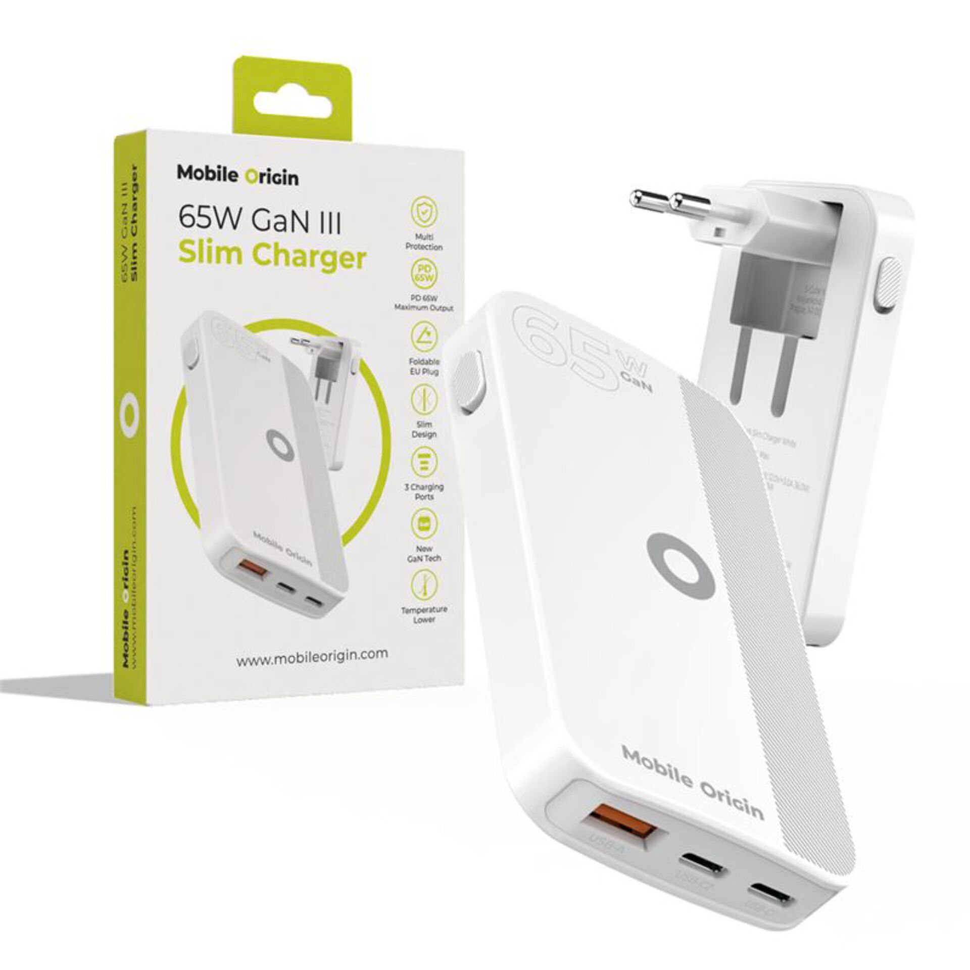 Mobile Origin 65W GaN Slim  dual USB-C single USB-A, white