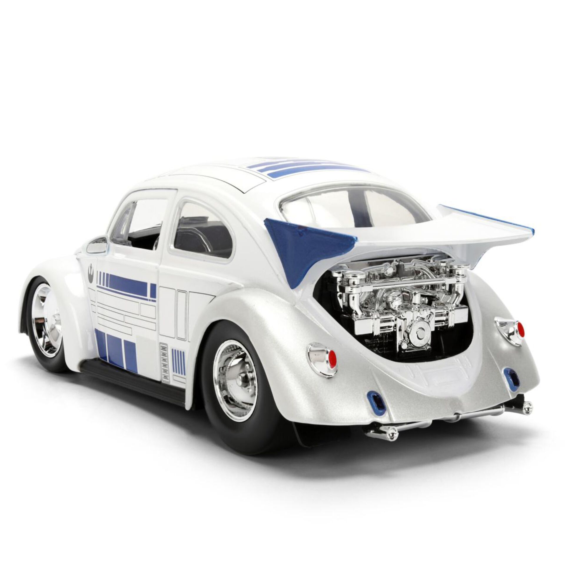 modellauto, maßstab 1:24, silber, blaue Akzente, Motor sichtbar