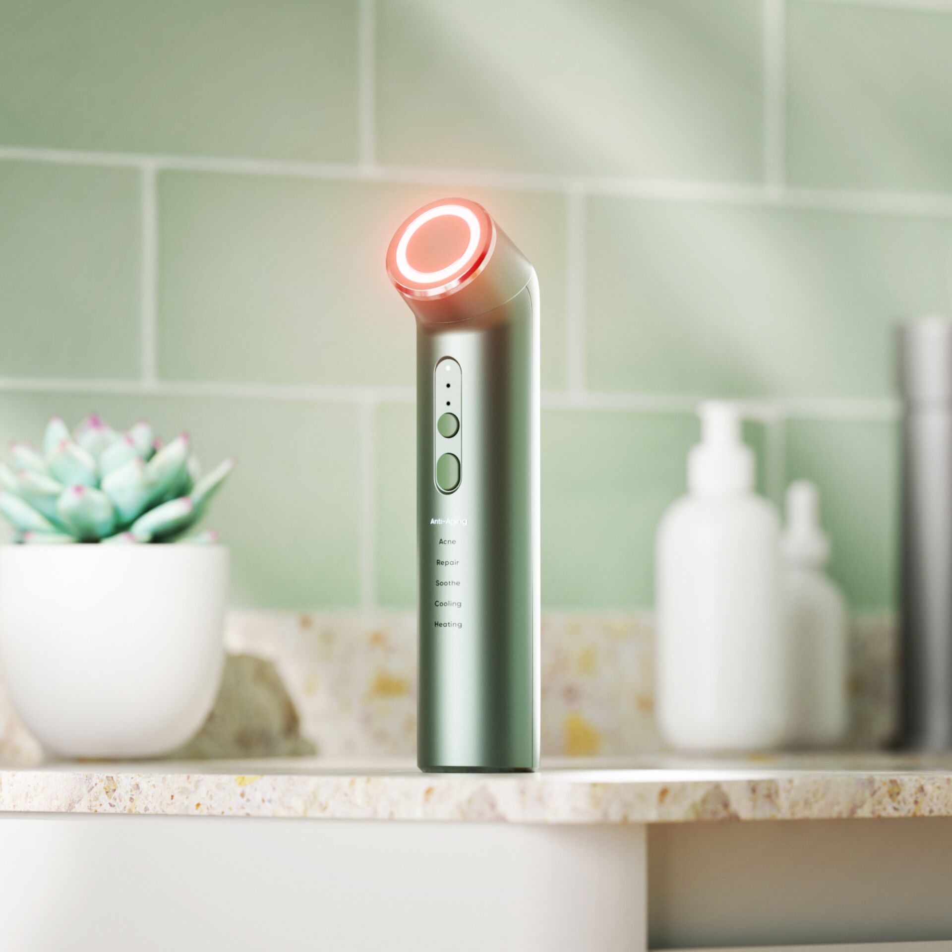 Gesichtsreinigungsgerät, Hautpflegegerät, grün, LED-Licht, Kühl- und Wärmefunktion