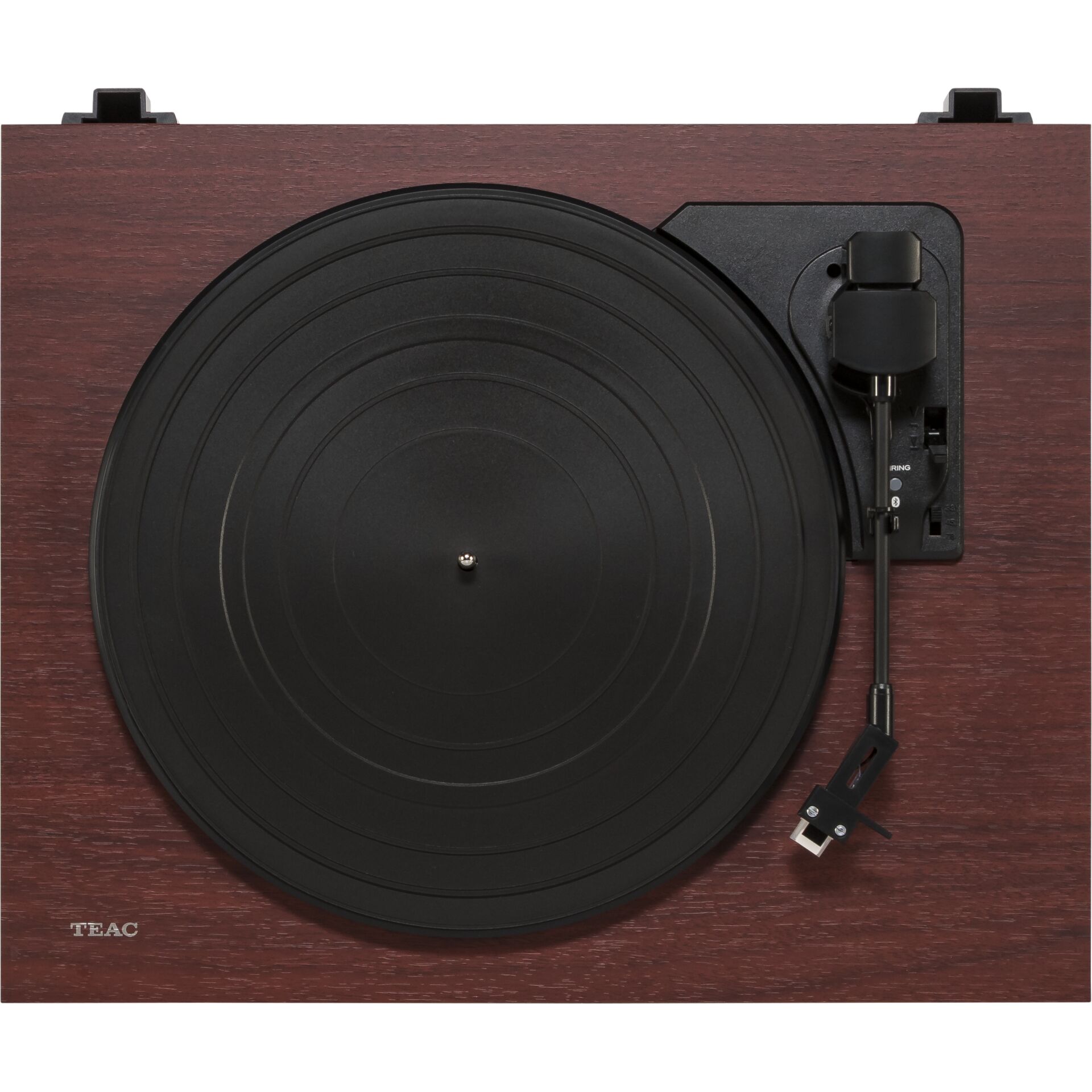 Plattenspieler, Schallplatte, Tonarm, Holzplatte, Riemen-Antrieb