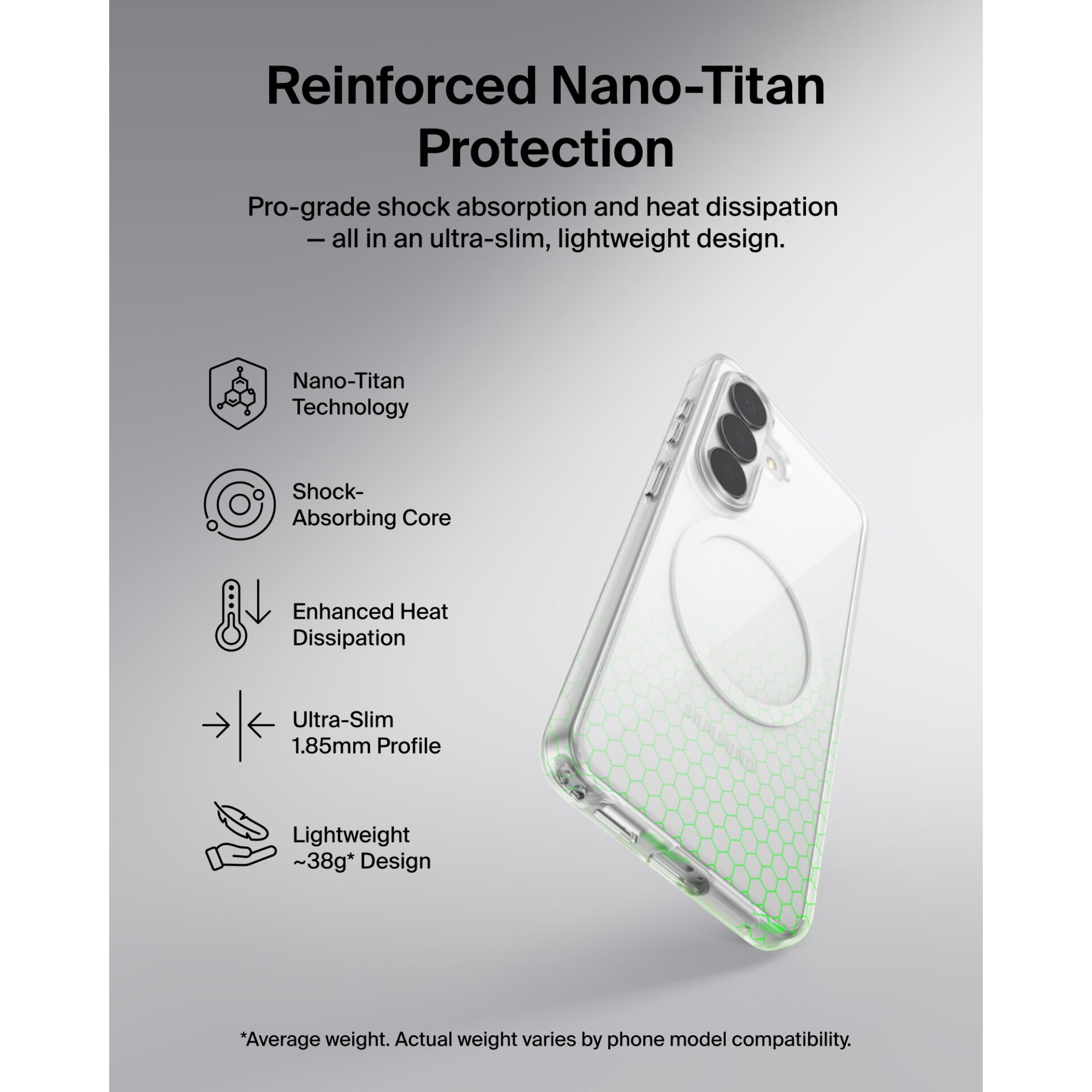 Nano-Titan-Technologie, Stoßabsorbierender Kern, Verbesserte Wärmeableitung, Ultraschmaler Profil, Leichtes Design