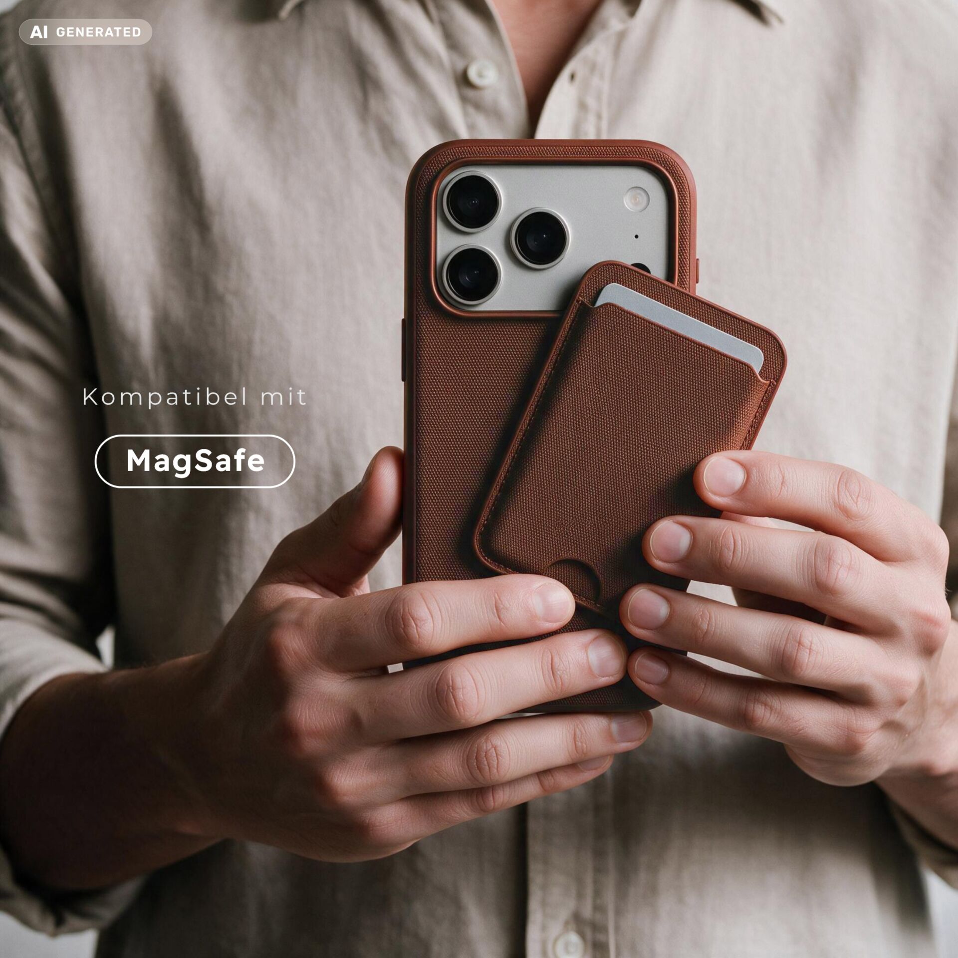 handgehalten, braune hülle, telefonhülle, MagSafe, Brieftasche Kartenhalter