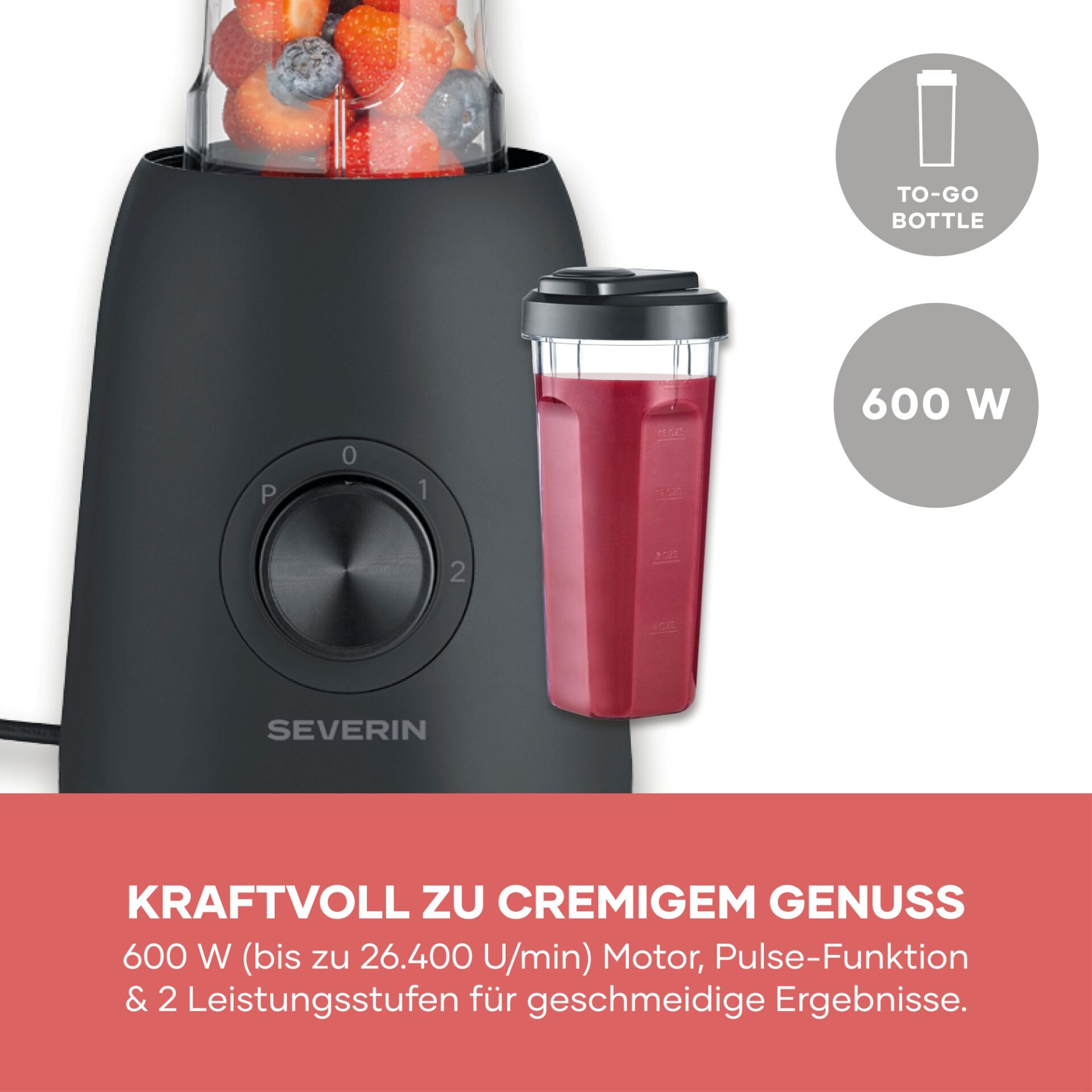 Standmixer, To-go-Flasche, 600 Watt, Pulsfunktion, schwarzes Gehäuse