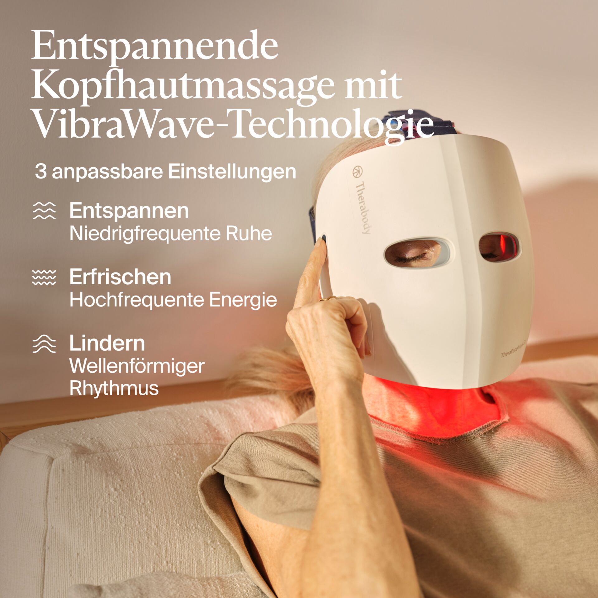 Kopfmaske, VibraWave-Technologie, TheraBody, Entspannung, Niedrigfrequente Ruhe