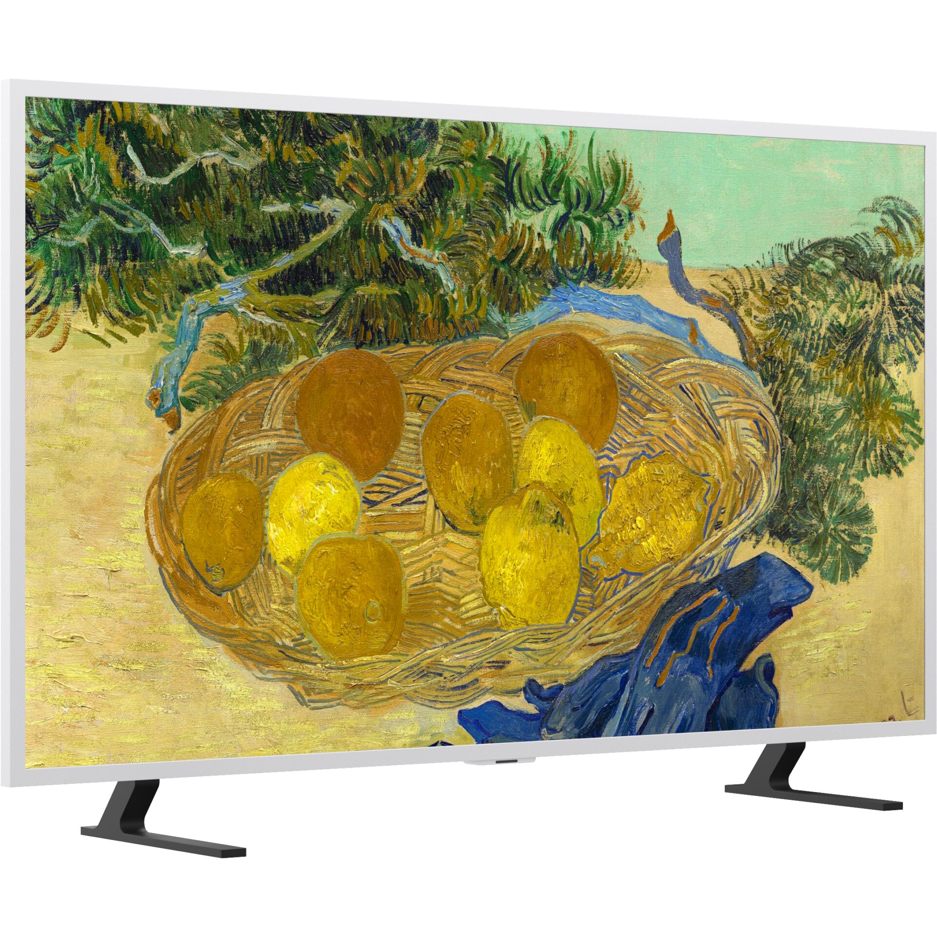Fruchtkorb, Korb, gelbe Früchte, grünes Laub, Kunststil