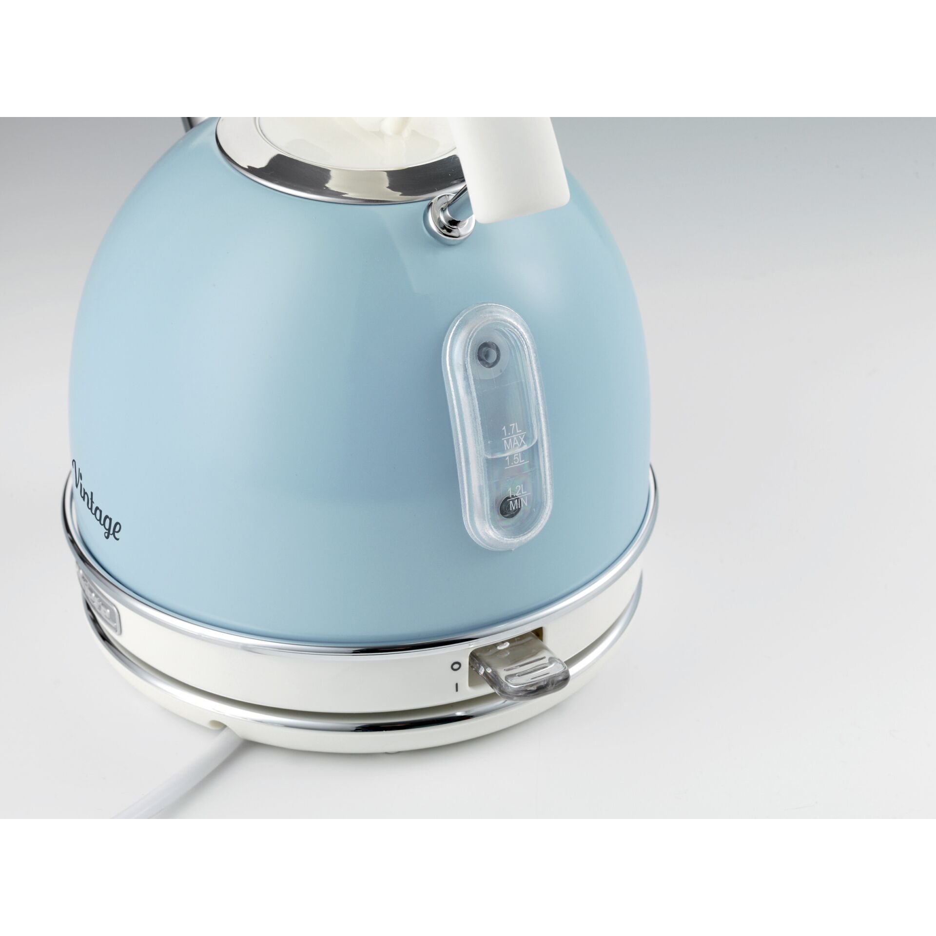 electric kettle, blau, Wasserstandsanzeige, Edelstahl-Kanten, Kabel, Vintage-Stil