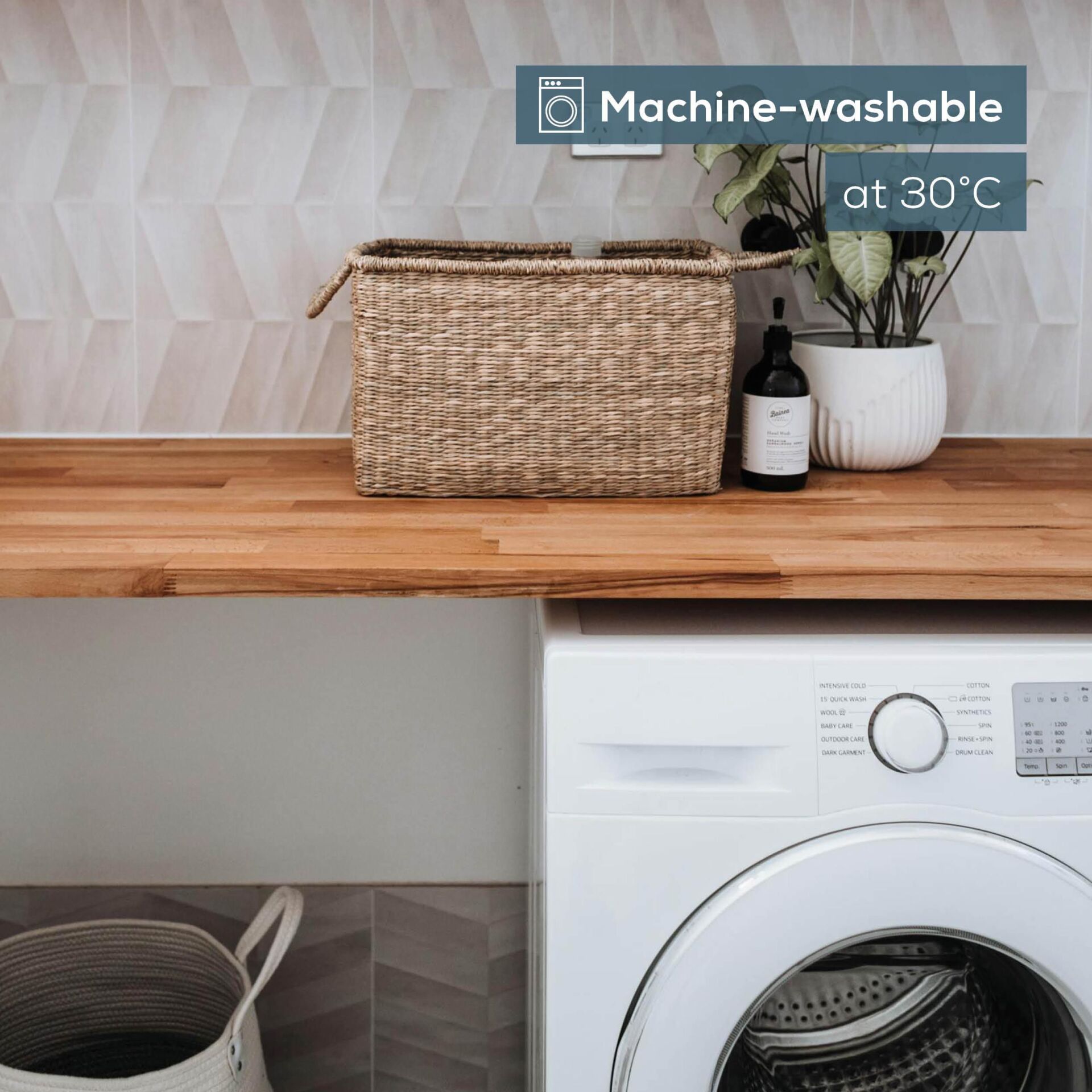 Wäschekorb, Korbspeicher, Waschraum, Waschmaschine, Korb aus Rattan